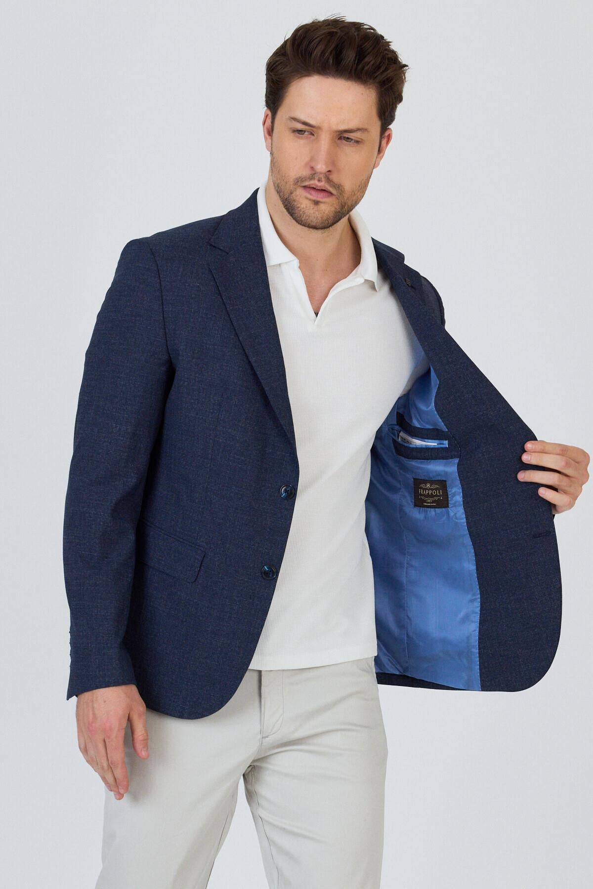 Tadic Erkek Lacivert Desenli Esneyen Kumaş Slim Fit Kapak Cepli Yarım Astar 4 Mevsim Blazer Ceket