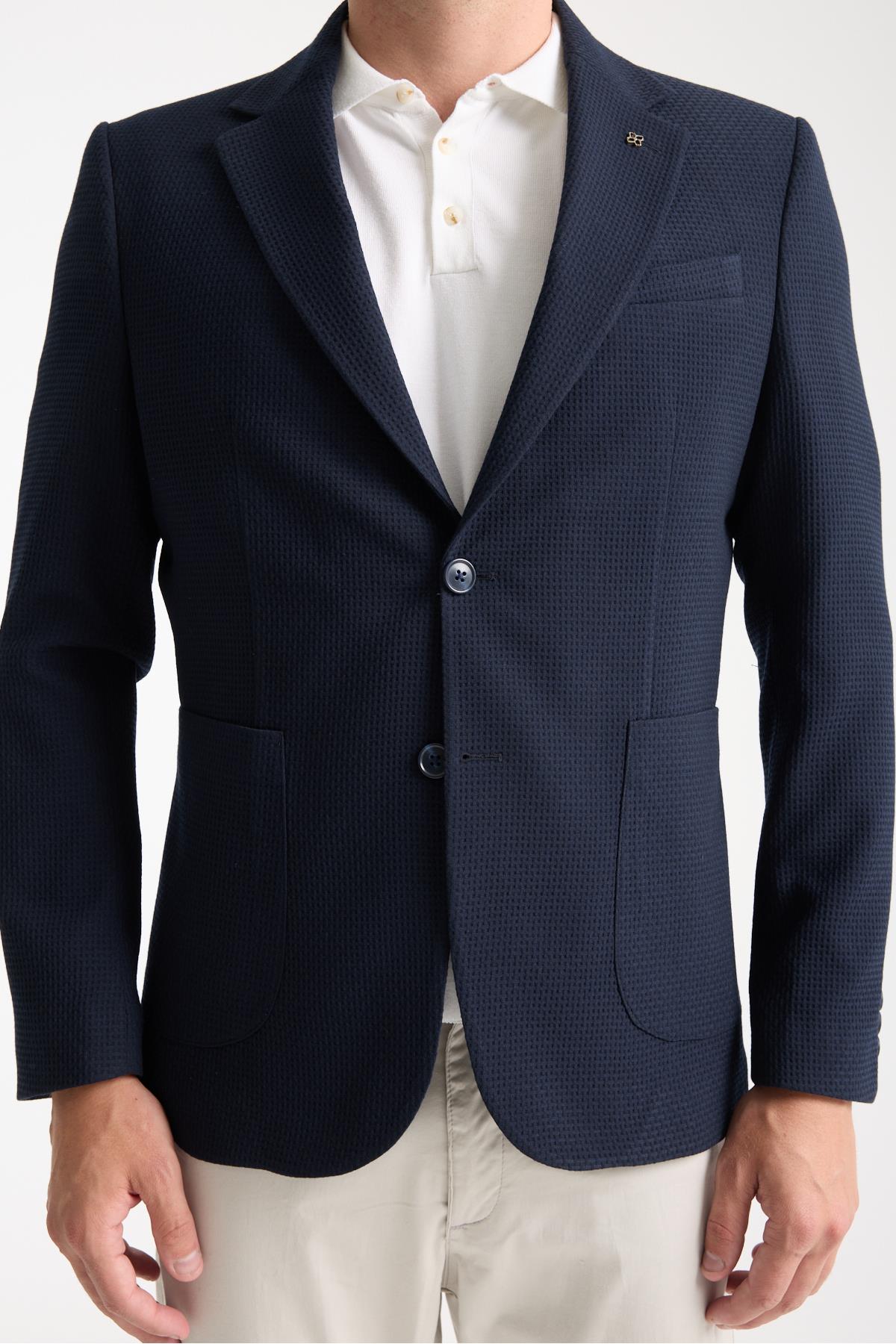 Tommas Erkek Lacivert Yarım Astar Torba Cep Likralı Gofre Kumaşlı Spor Blazer Ceket