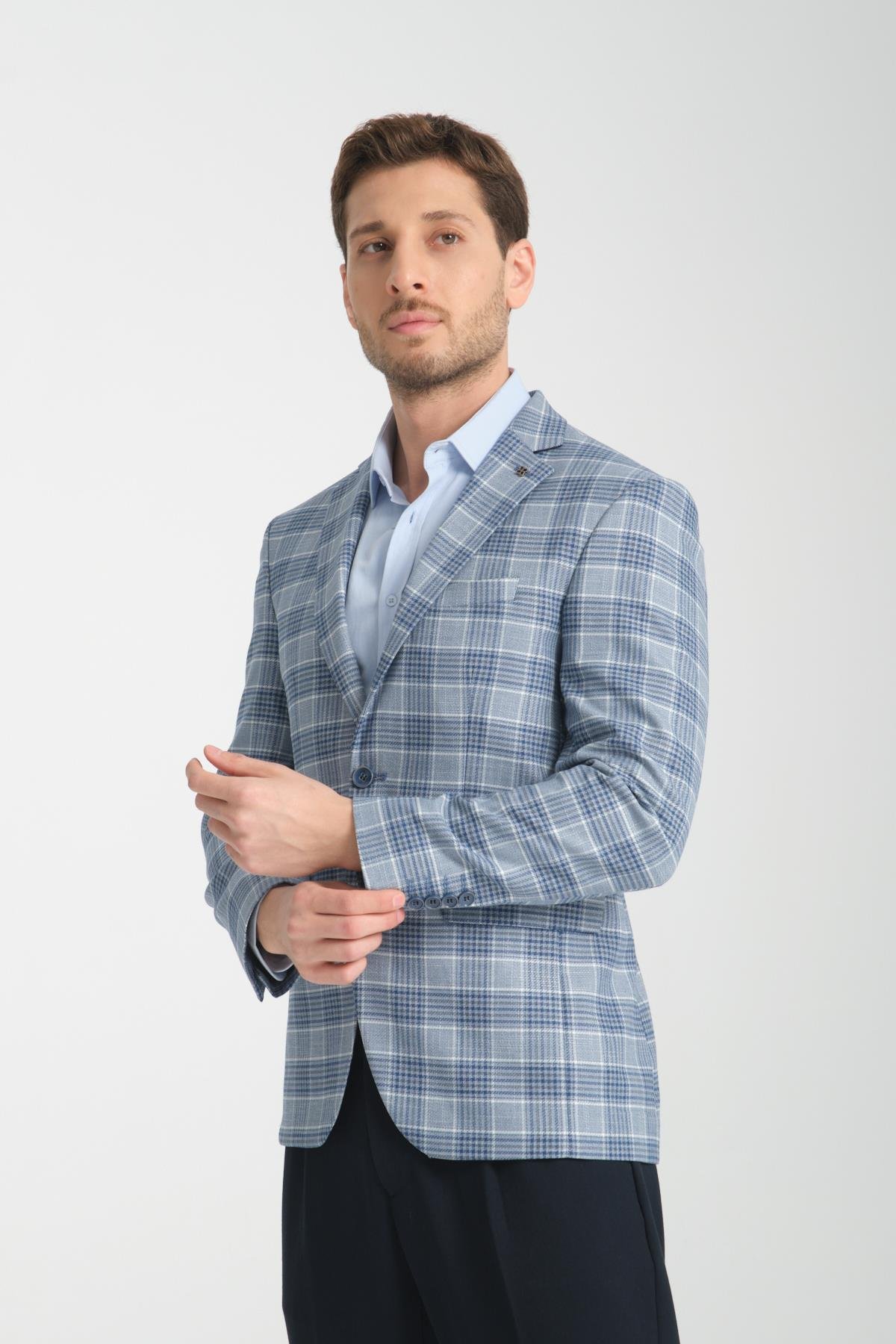 Uche Erkek Mavi Ekose Desenli Slim Fit Mono Yaka Blazer Ceket