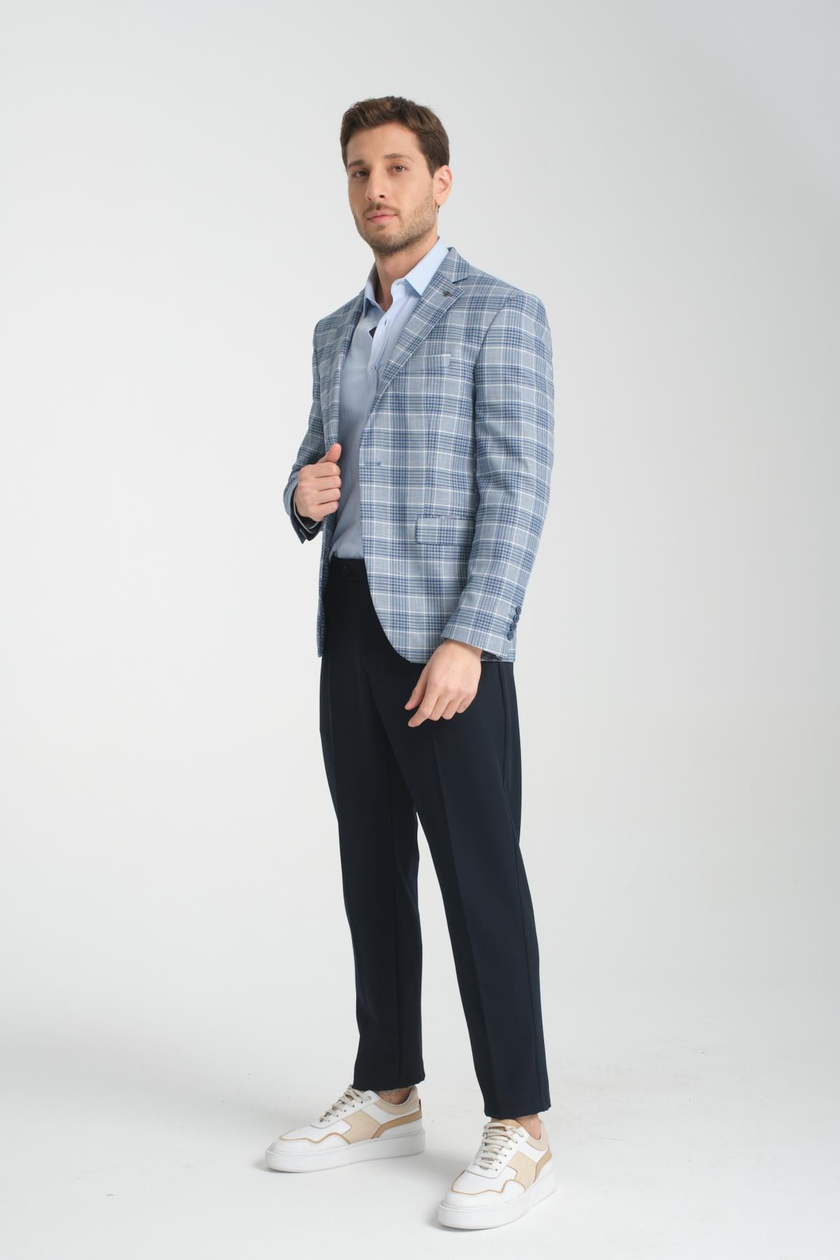 Uche Erkek Mavi Ekose Desenli Slim Fit Mono Yaka Blazer Ceket