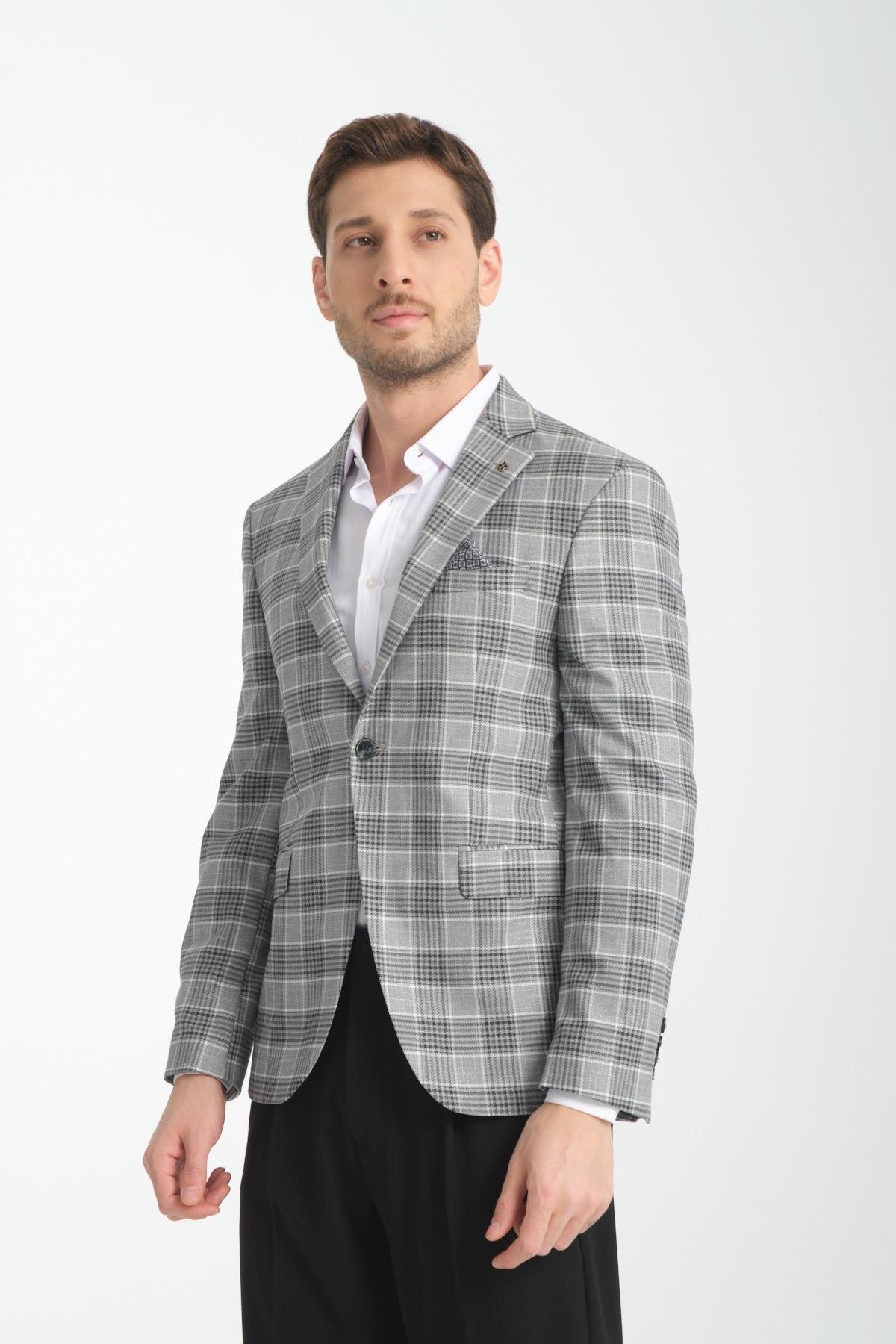 Uche Erkek Siyah Ekose Desenli Slim Fit Mono Yaka Blazer Ceket