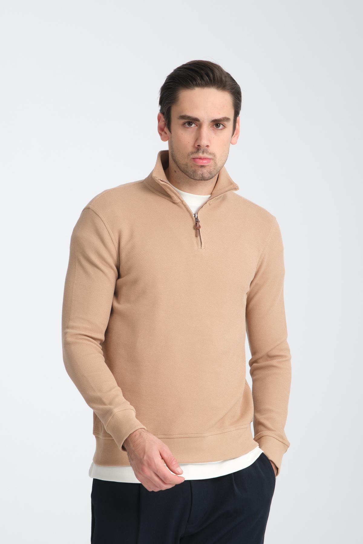 Unisex Regular Fit Pamuklu Petek Örgülü Yarım Fermuarlı Dik Yaka Sweatshirt