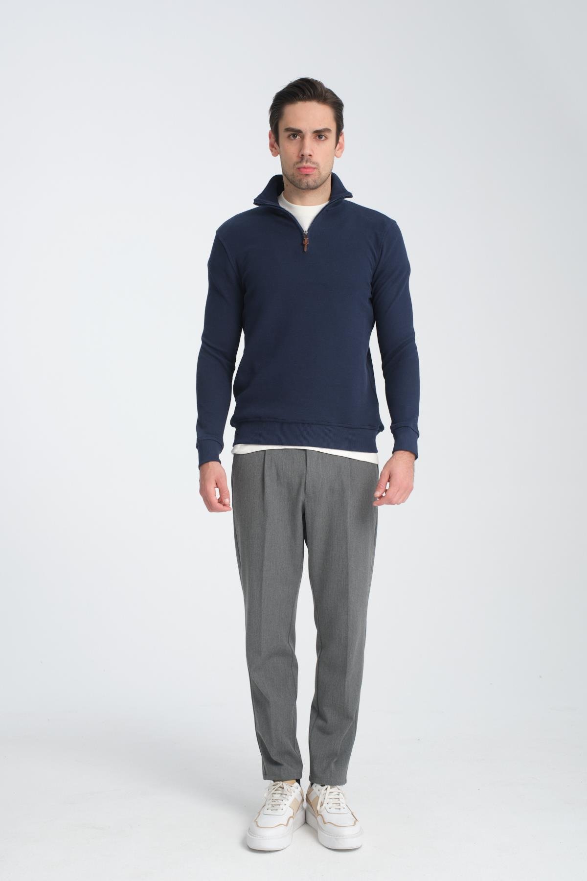 Unisex Regular Fit Pamuklu Petek Örgülü Yarım Fermuarlı Dik Yaka Sweatshirt