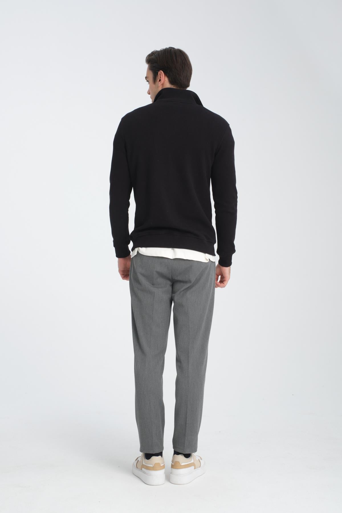 Unisex Regular Fit Pamuklu Petek Örgülü Yarım Fermuarlı Dik Yaka Sweatshirt