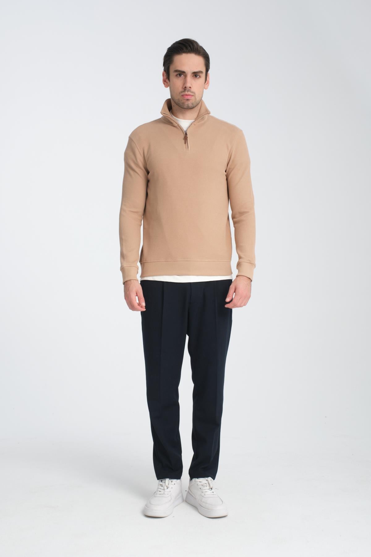 Unisex Regular Fit Pamuklu Petek Örgülü Yarım Fermuarlı Dik Yaka Sweatshirt