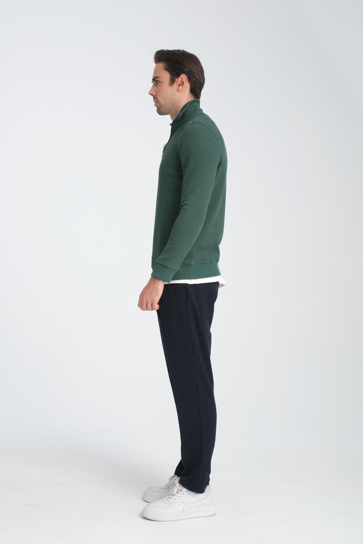 Unisex Regular Fit Pamuklu Petek Örgülü Yarım Fermuarlı Dik Yaka Sweatshirt