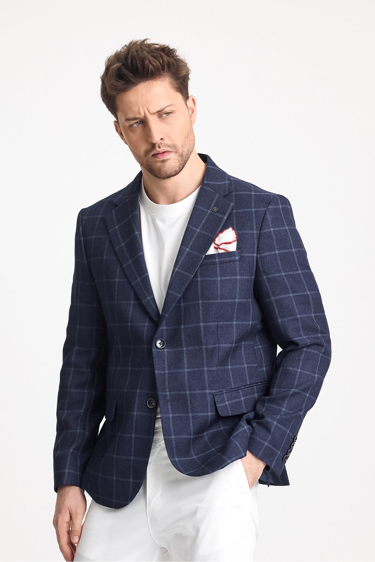 Vasco Erkek Koyu Lacivert Ekose Kareli Esnemeyen Kumaş Slim Fit Spor Blazer Ceket