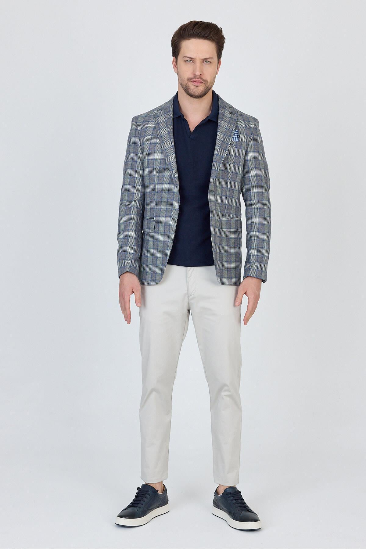 Vegas Erkek Gri-Mavi Ekose Polyester Kumaşlı Spor Blazer Ceket