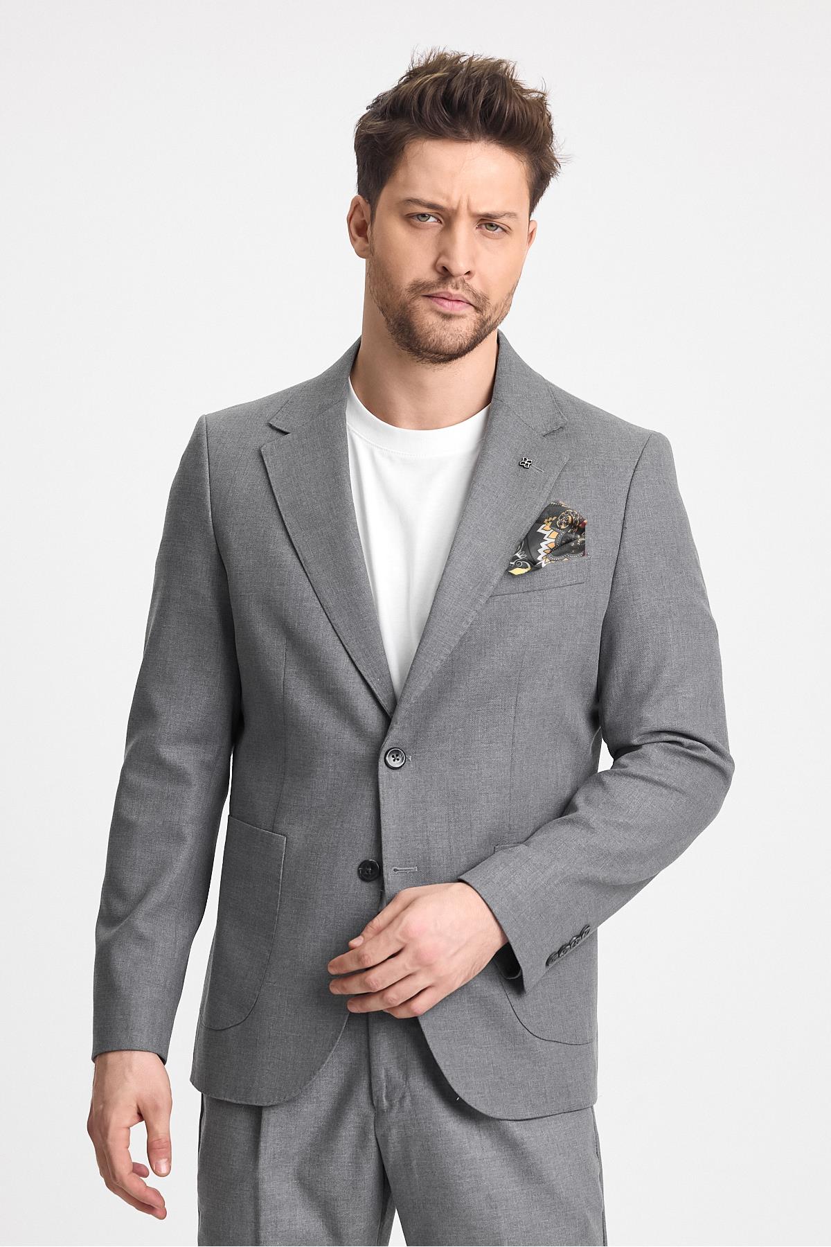 Venüs Erkek Gri 4 Mevsim Rahat Kumaş Slim Fit Yarım Astarlı Spor Blazer Ceket