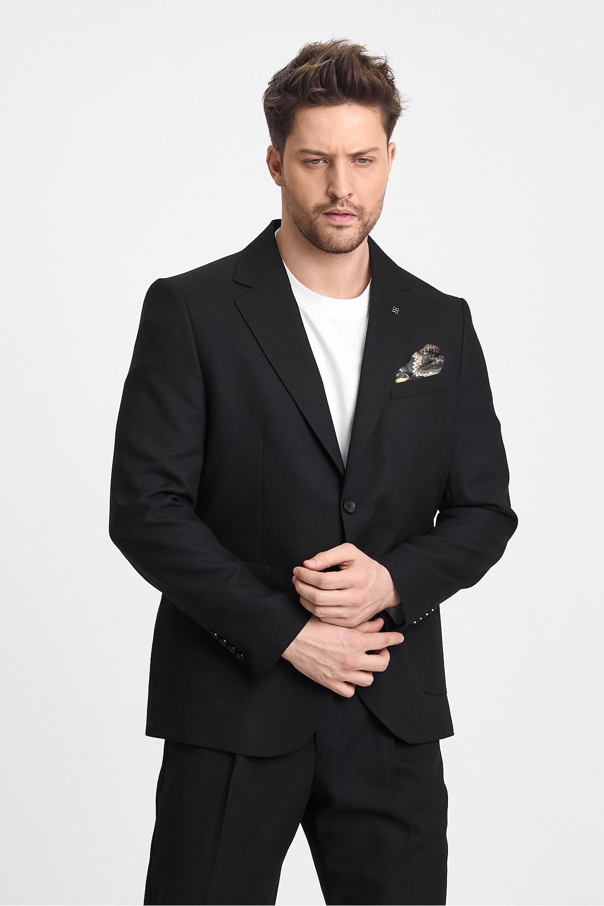 Venüs Erkek Siyah 4 Mevsim Rahat Kumaş Slim Fit Yarım Astar Ceketi 2'li Takım Elbise