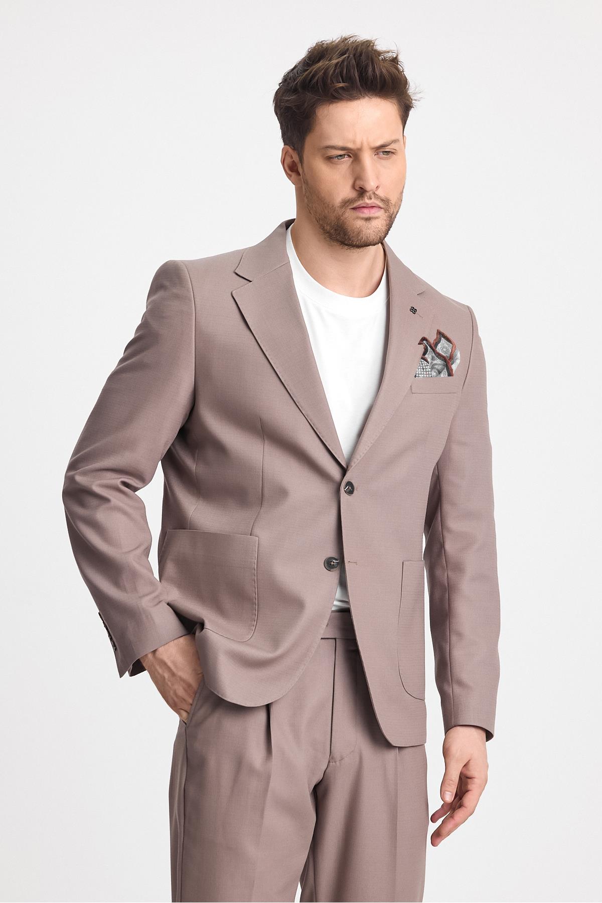 Venüs Erkek Vizon 4 Mevsim Rahat Kumaş Slim Fit Yarım Astar Ceketi 2'li Takım Elbise