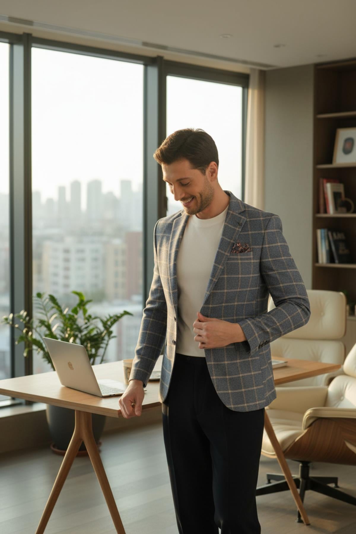 Vestore Erkek Açık Lacivert Ekose Slim Fit Mono Yaka Spor Blazer Ceket