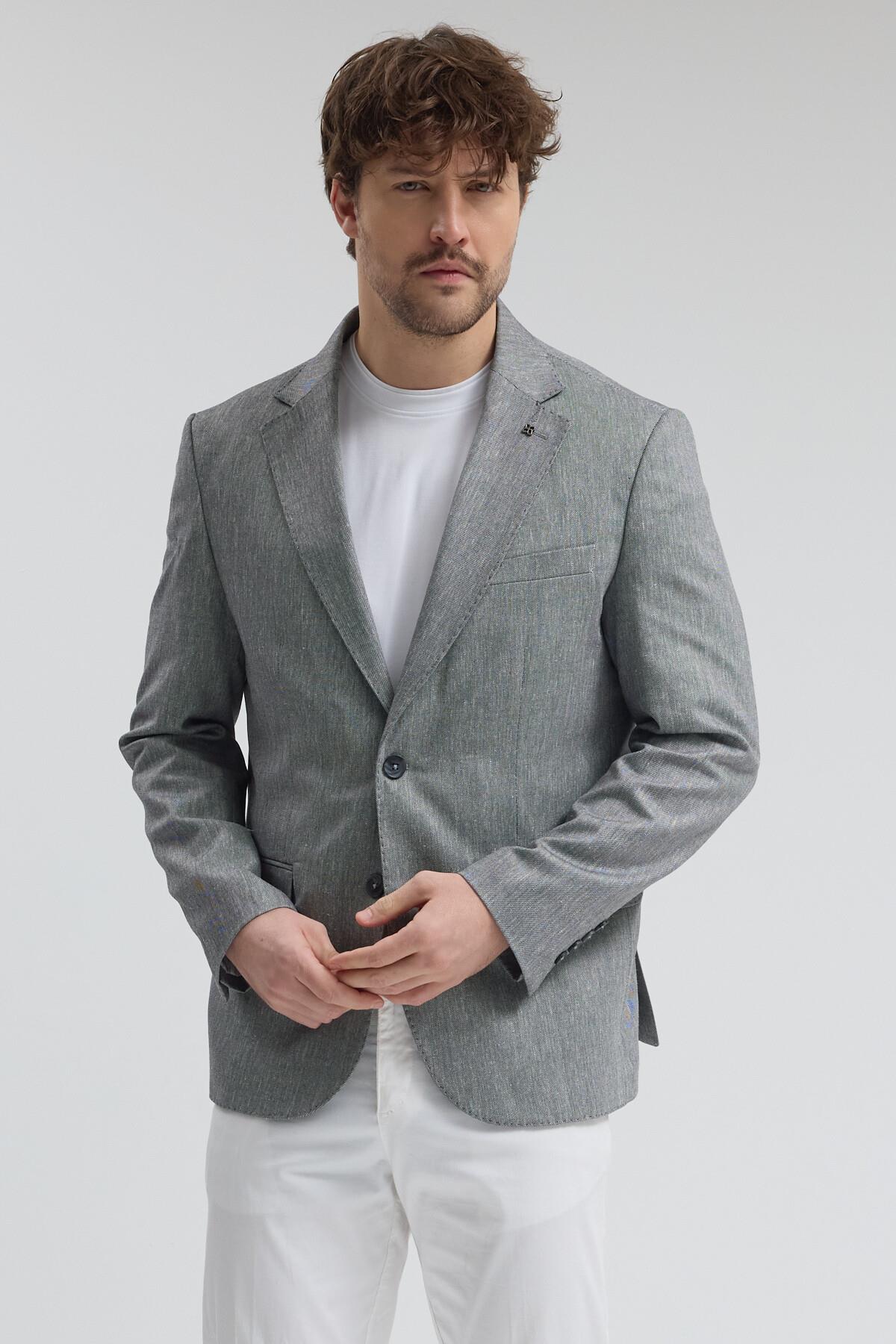 Victor Erkek Siyah-Gri Pamuk Karışımlı Yarım Astarlı Kapak Cepli Mono Yaka Spor Blazer Ceket