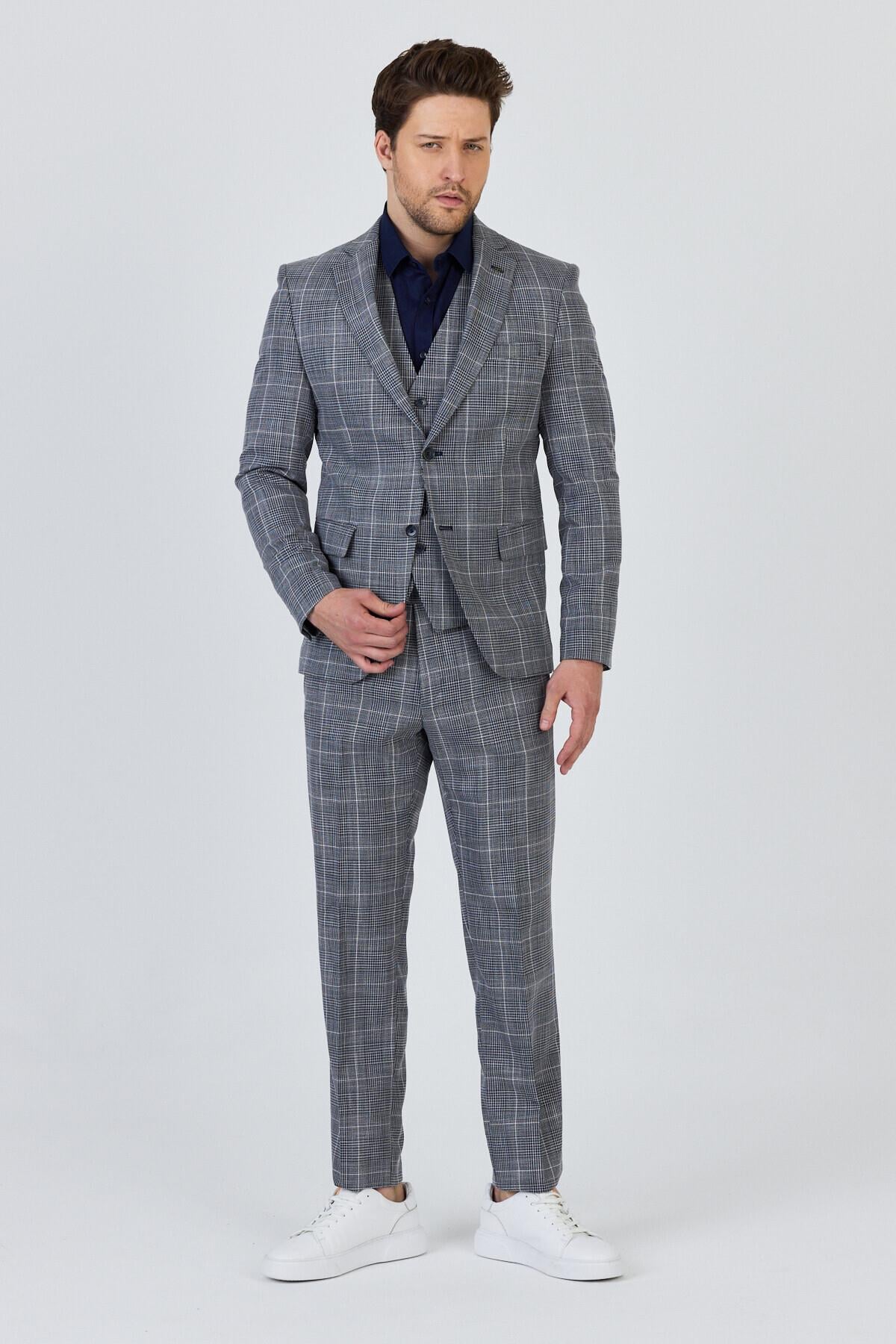 Vincenzo Erkek Koyu Lacivert Ceket+Pantolon+Yelek Çift Yırtmaçlı Slim Fit Takim Elbise
