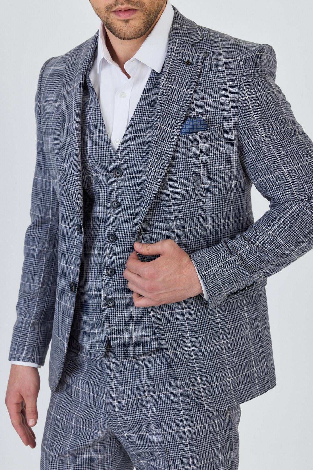 Vincenzo Erkek Lacivert Ceket+Pantolon+Yelek Çift Yırtmaçlı Slim Fit Takim Elbise