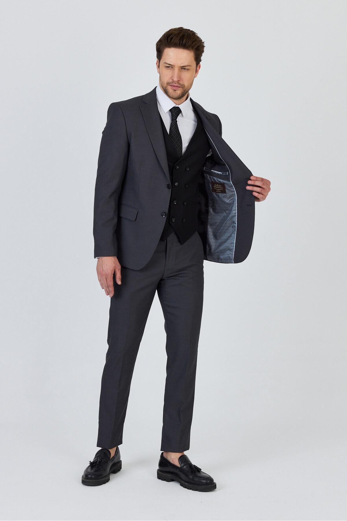 Vitale Erkek Antrasit Poliviskon Kumaşlı Ceket+Pantolon+Yelekli Slim Fit Takim Elbise