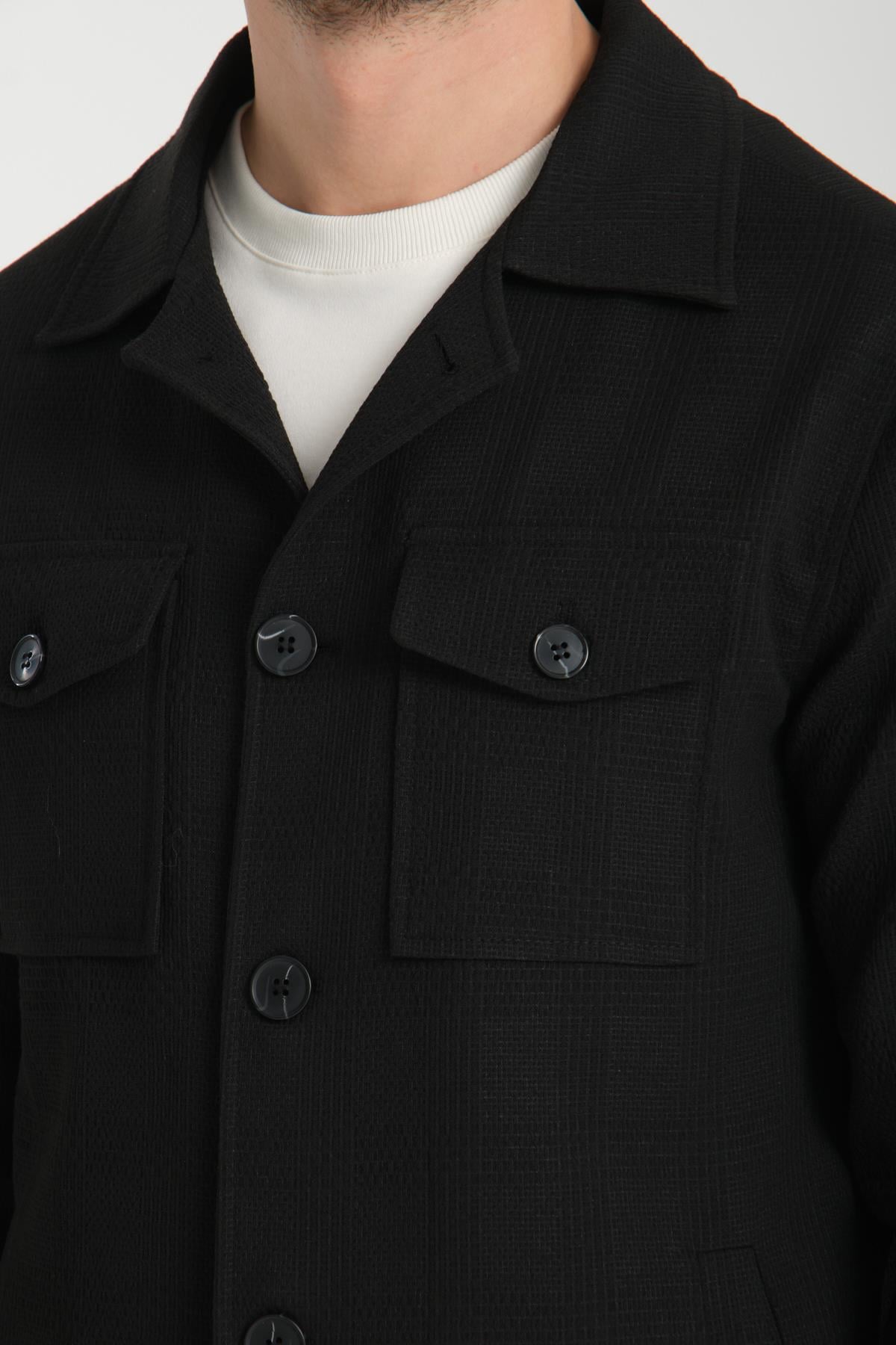 Vitanes Erkek Siyah Overshirt Esneyen Kumaş Baharlık Trenç Ceket-Mont