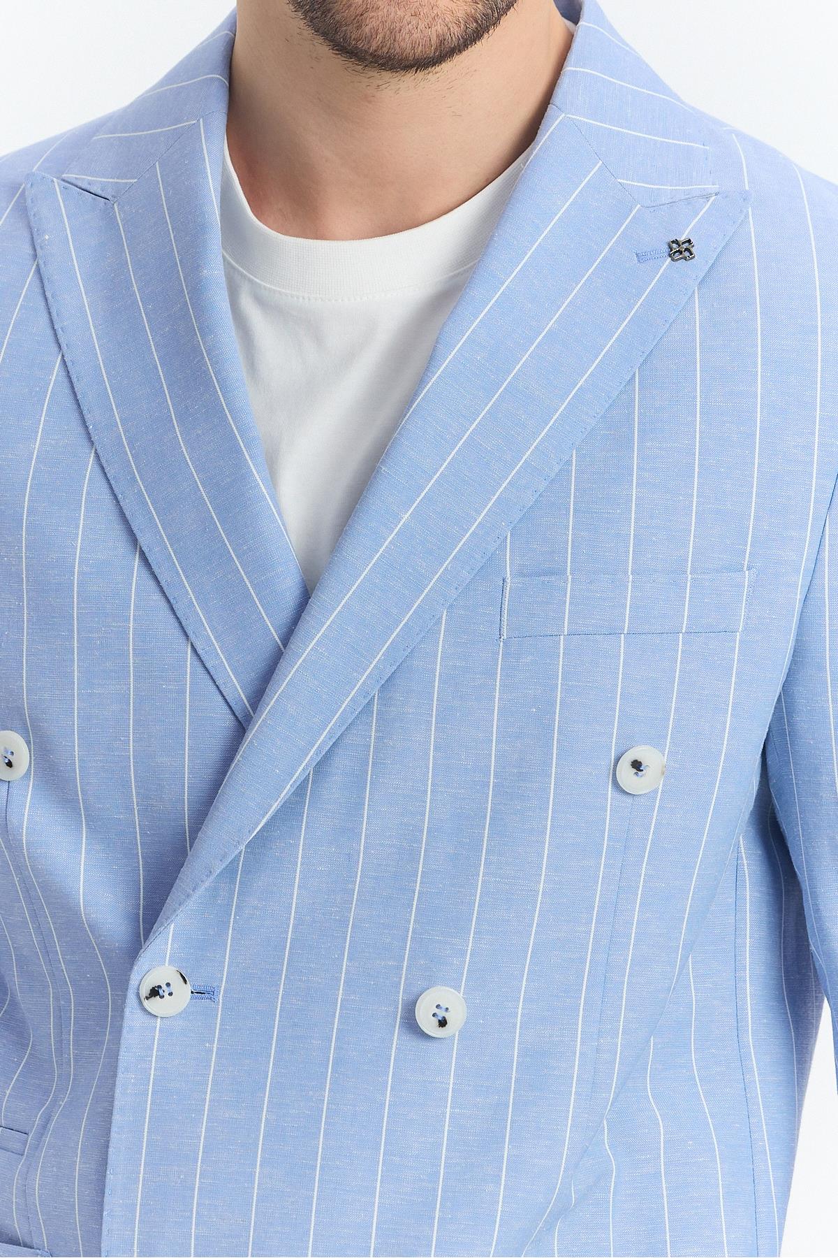 Vitao Erkek Buz Mavi İtalyan Çizgili Kruvaze Yarım Astarlı Slim Fit Spor Blazer Ceket