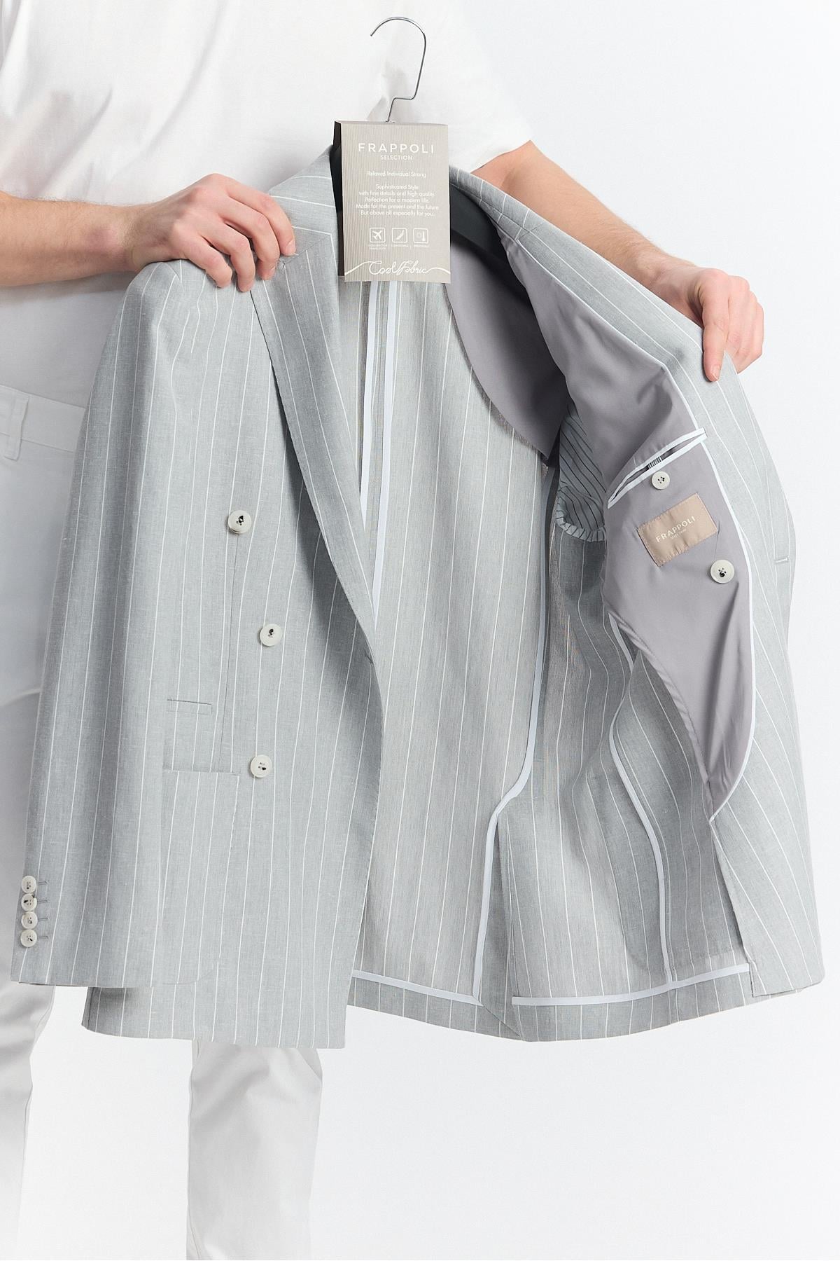 Vitao Erkek Gri İtalyan Çizgili Kruvaze Yarım Astarlı Slim Fit Spor Blazer Ceket