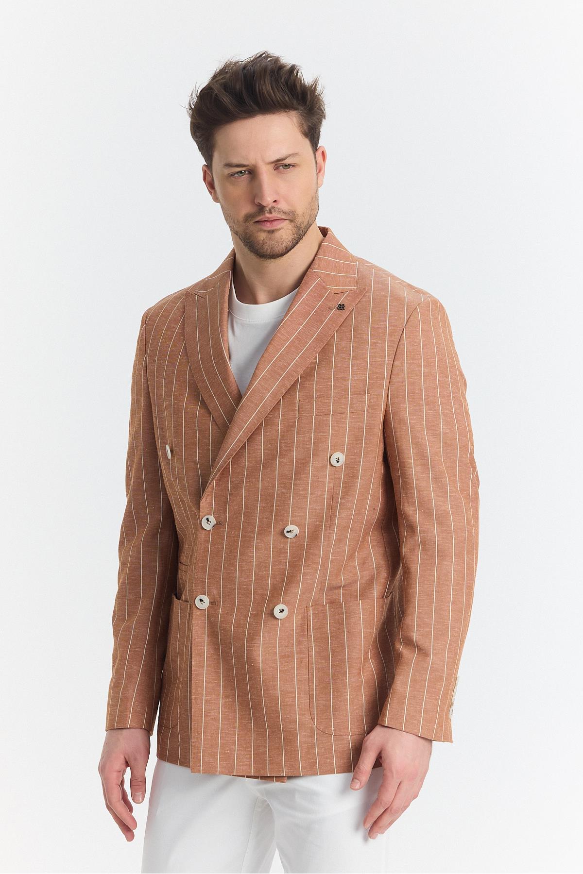 Vitao Erkek Kiremit İtalyan Çizgili Kruvaze Yarım Astarlı Slim Fit Spor Blazer Ceket