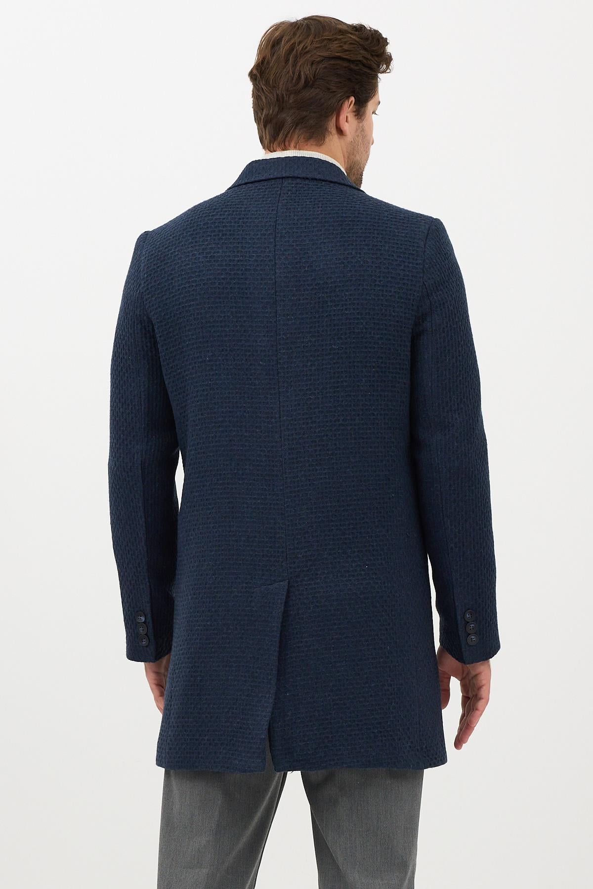 Vivaldo Erkek Lacivert Kendinden Desenli Ceket Yaka Slim Fit Kaşe Kaban