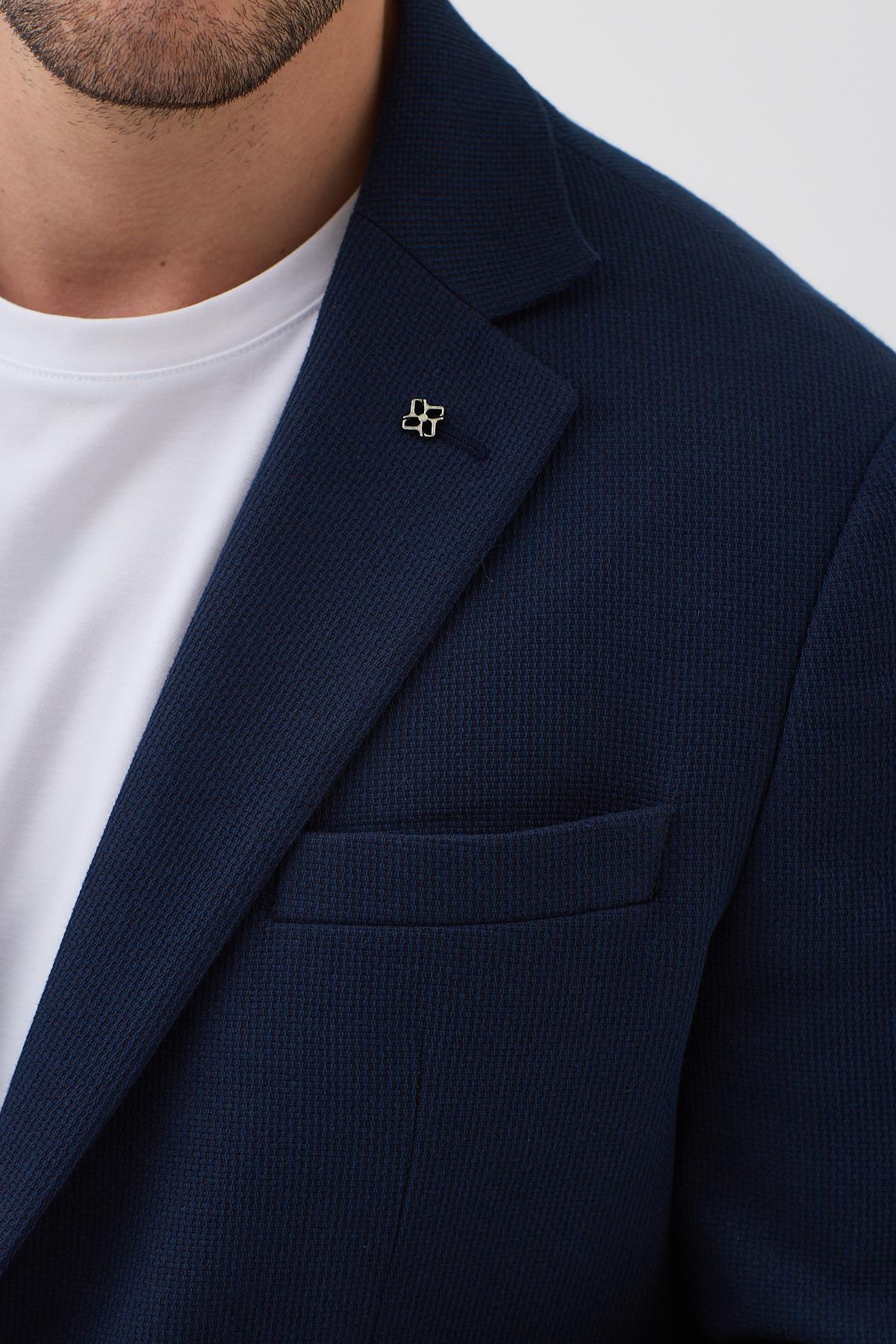 Voler Erkek Lacivert Esneyen Poliviskon Kumaşlı Tam Astarlı Slim Fit Mono Yaka Spor Blazer Ceket