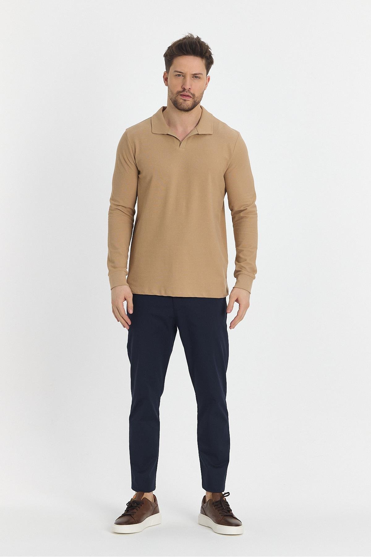Volex Erkek Bej Likralı %100 Pamuk Yaka Detaylı Slim Fit Uzun Kollu Polo Yaka Swearshirt