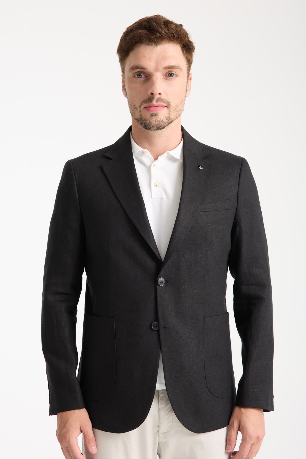 Volix Erkek Siyah Yarım Astar Torba Cep %100 Keten Kumaşlı Spor Blazer Ceket