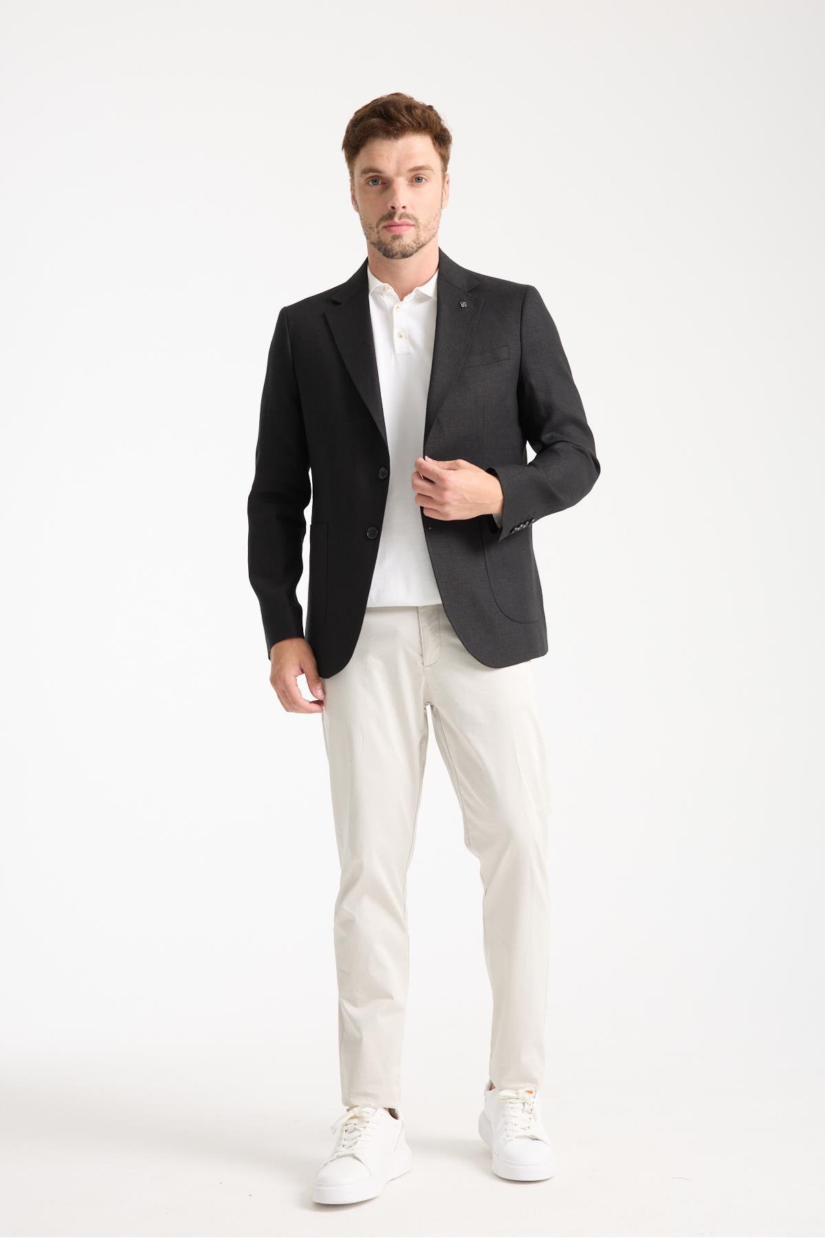 Volix Erkek Siyah Yarım Astar Torba Cep %100 Keten Kumaşlı Spor Blazer Ceket
