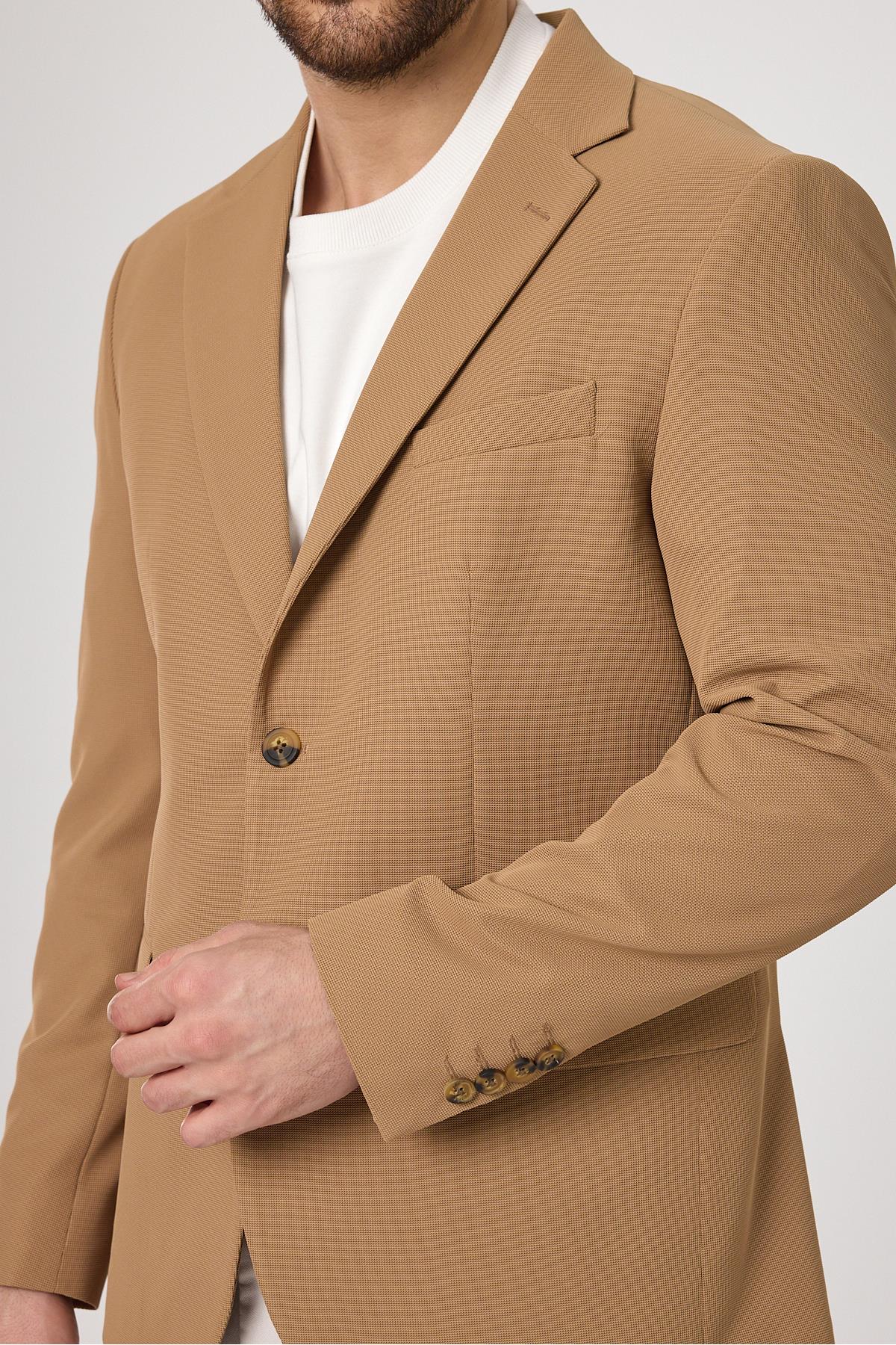 Waffle Erkek Camel Waffle Desen Pamuk Karışımlı Likralı Esnek Kumaş Dört Mevsim Blazer Ceket