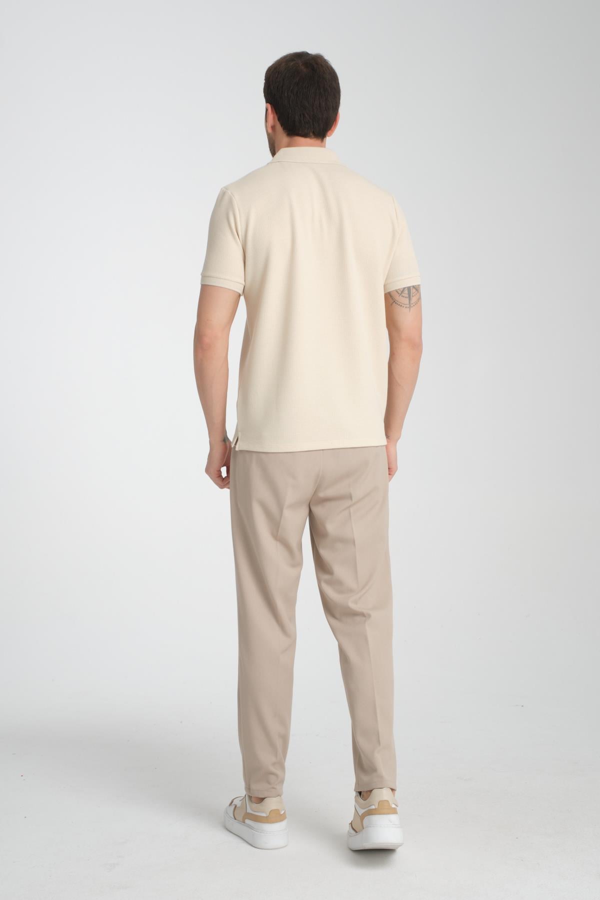 Walfer Erkek Açık Bej %100 Pamuk Waffle Çekmeyen Kumaş Slim Fit Kıvrılmaz Polo Yaka Tişört