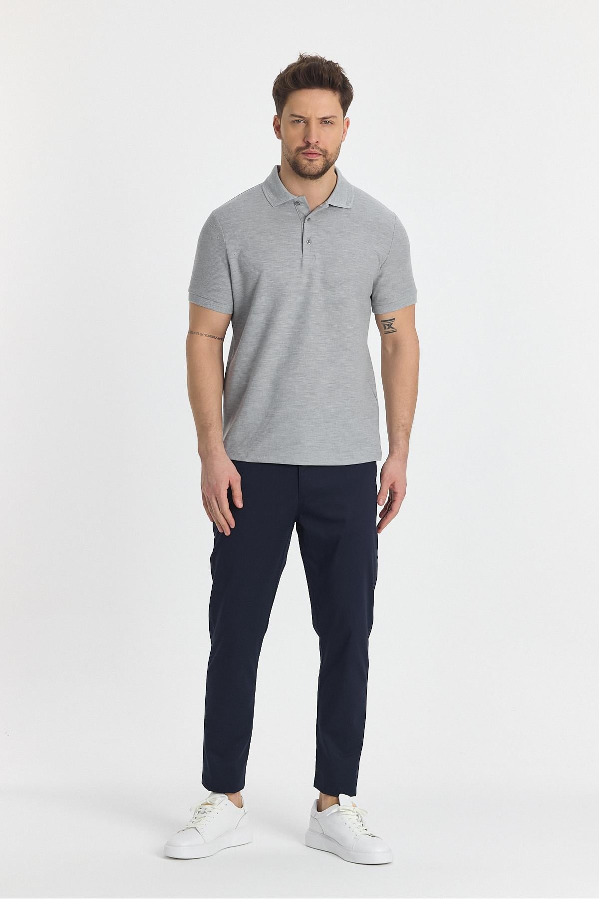 Walfer Erkek Gri Likralı Pamuk Karışımlı Yaka Detaylı Slim Fit Kıvrılmaz Polo Yaka T-Shirt