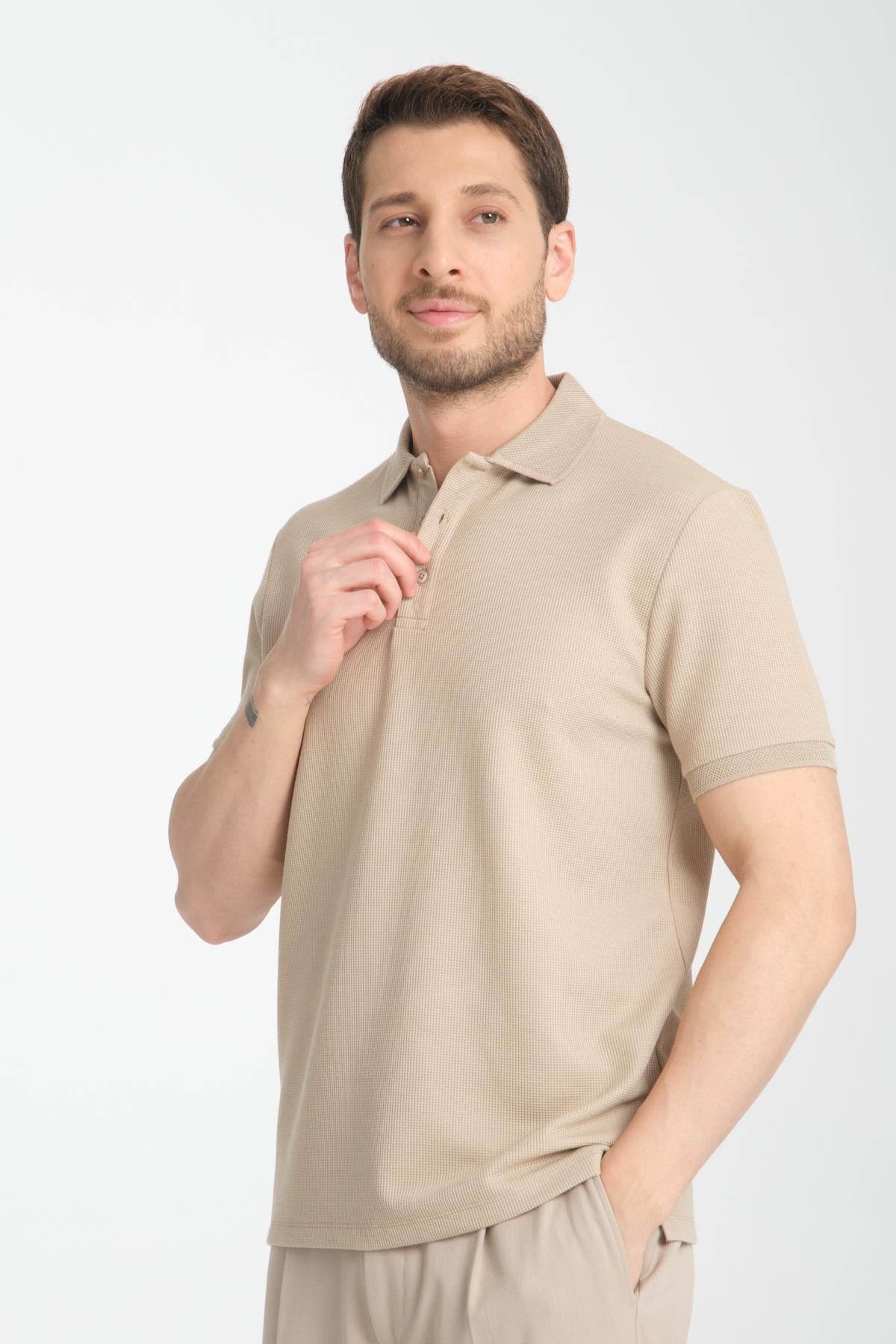 Walfer Erkek Koyu Bej %100 Pamuk Waffle Çekmeyen Kumaş Slim Fit Kıvrılmaz Polo Yaka Tişört