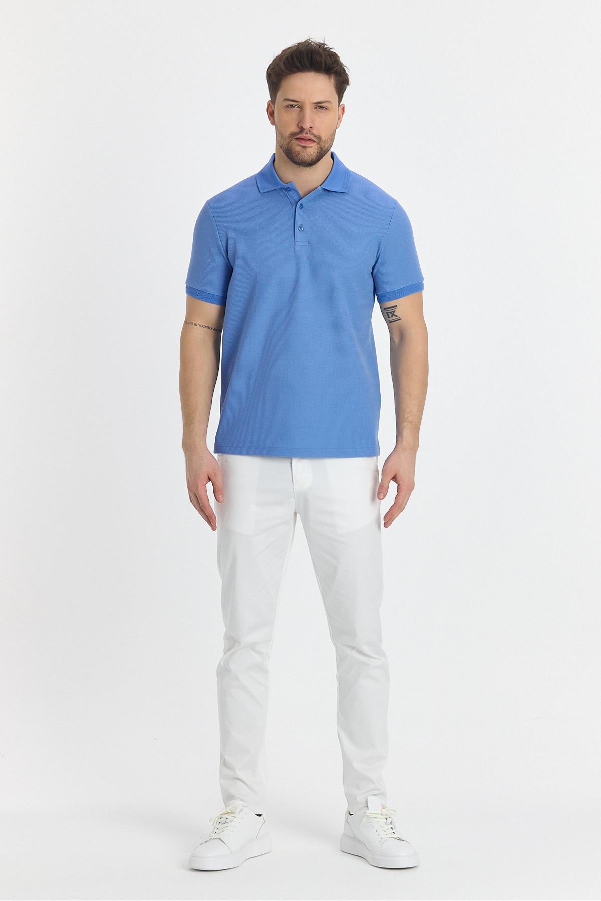 Walfer Erkek Mavi Likralı Pamuk Karışımlı Yaka Detaylı Slim Fit Kıvrılmaz Polo Yaka T-Shirt