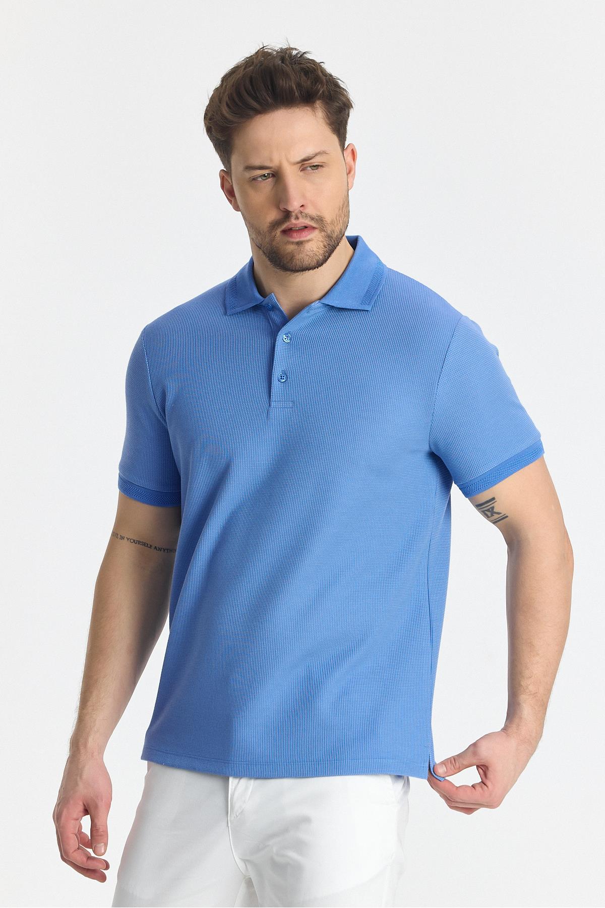 Walfer Erkek Mavi Likralı Pamuk Karışımlı Yaka Detaylı Slim Fit Kıvrılmaz Polo Yaka T-Shirt