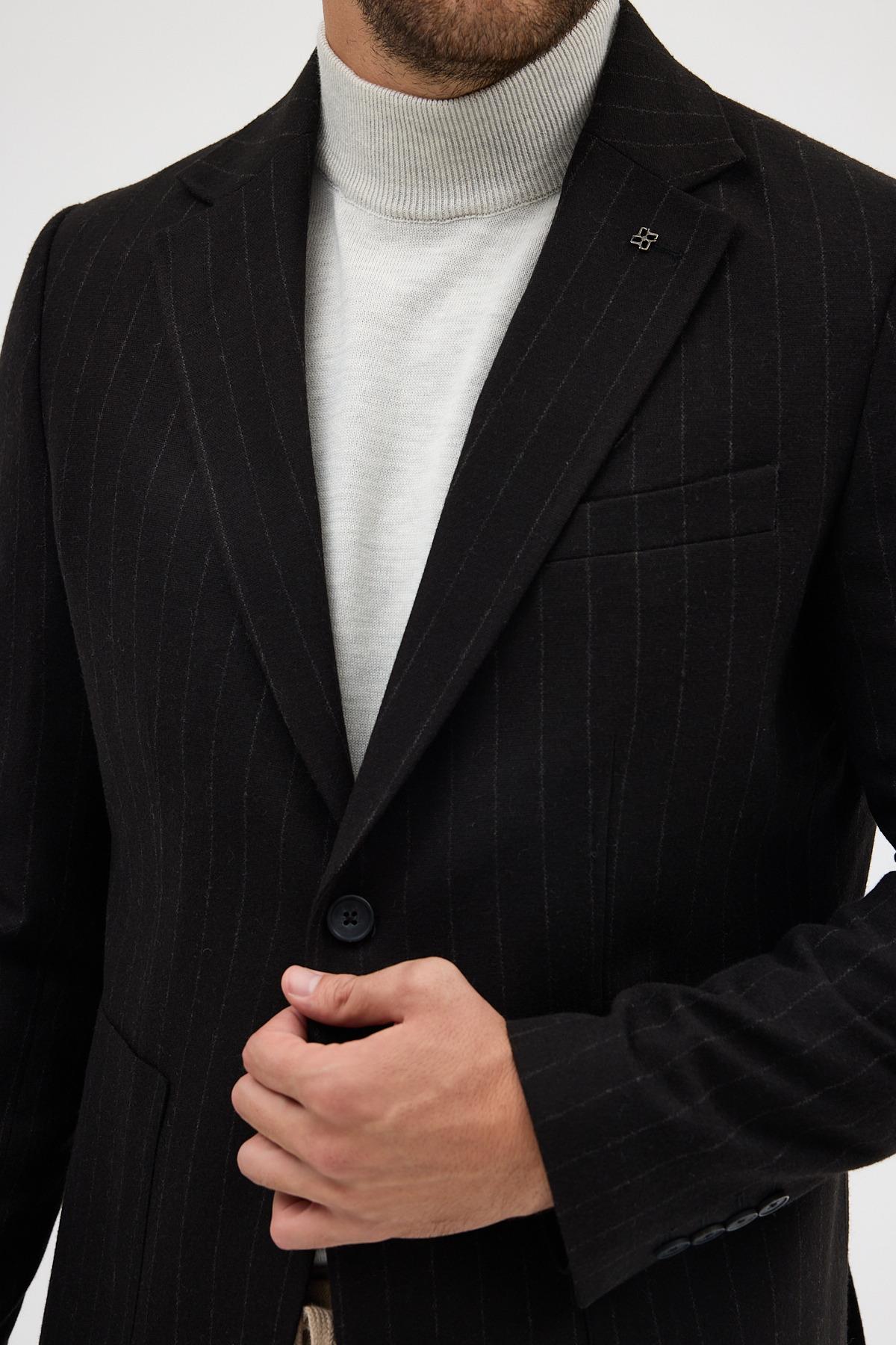 Wesley Erkek Siyah İtalyan Çizgili Kaşe Kumaşlı Yarım Astar Torba Cepli Mono Yaka Spor Blazer Ceket