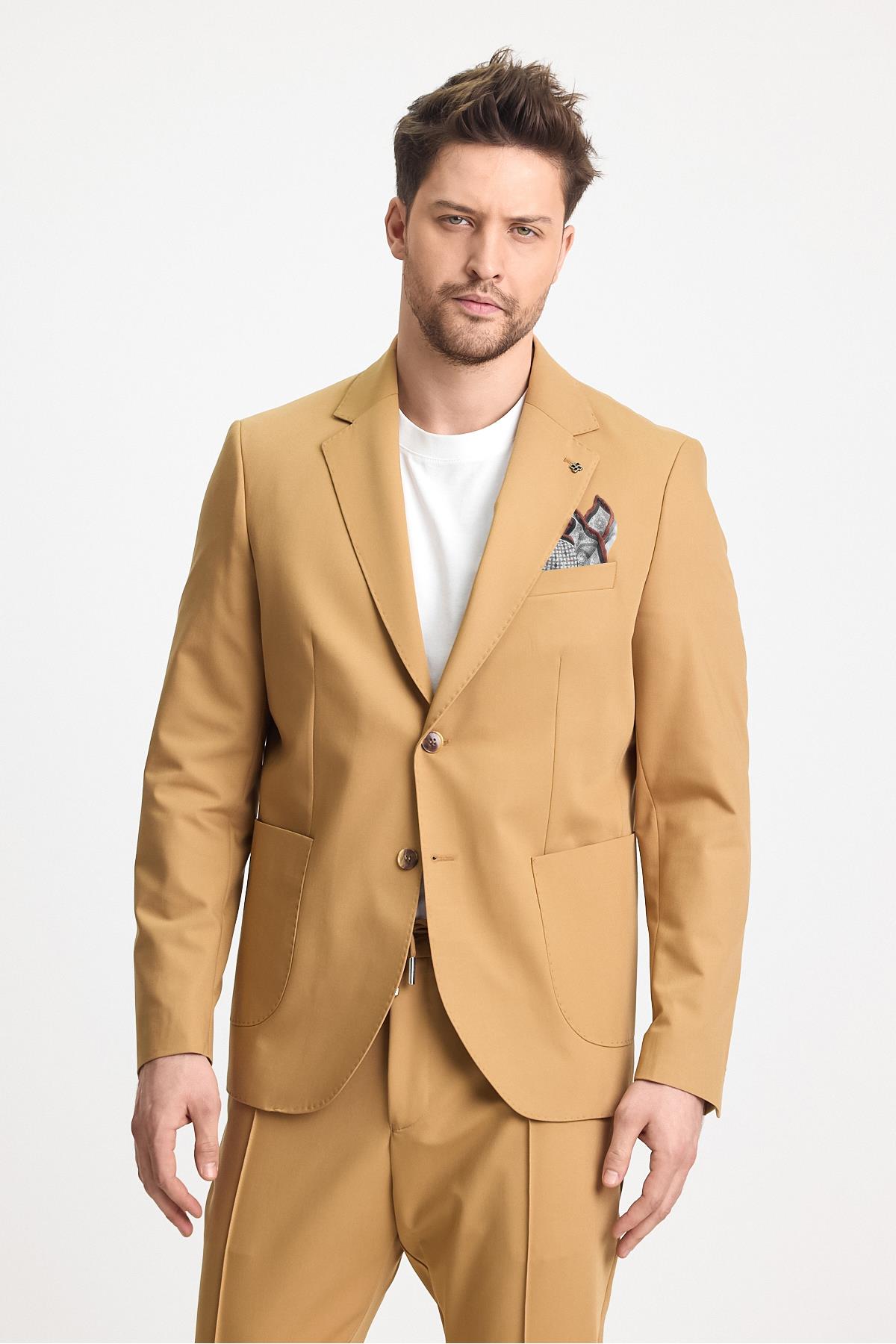 Wilson Erkek Camel Pamuk Karışımlı Serin Tutan Yazlık Kumaş Slim Fit Yarım Astarlı Spor Blazer Ceket