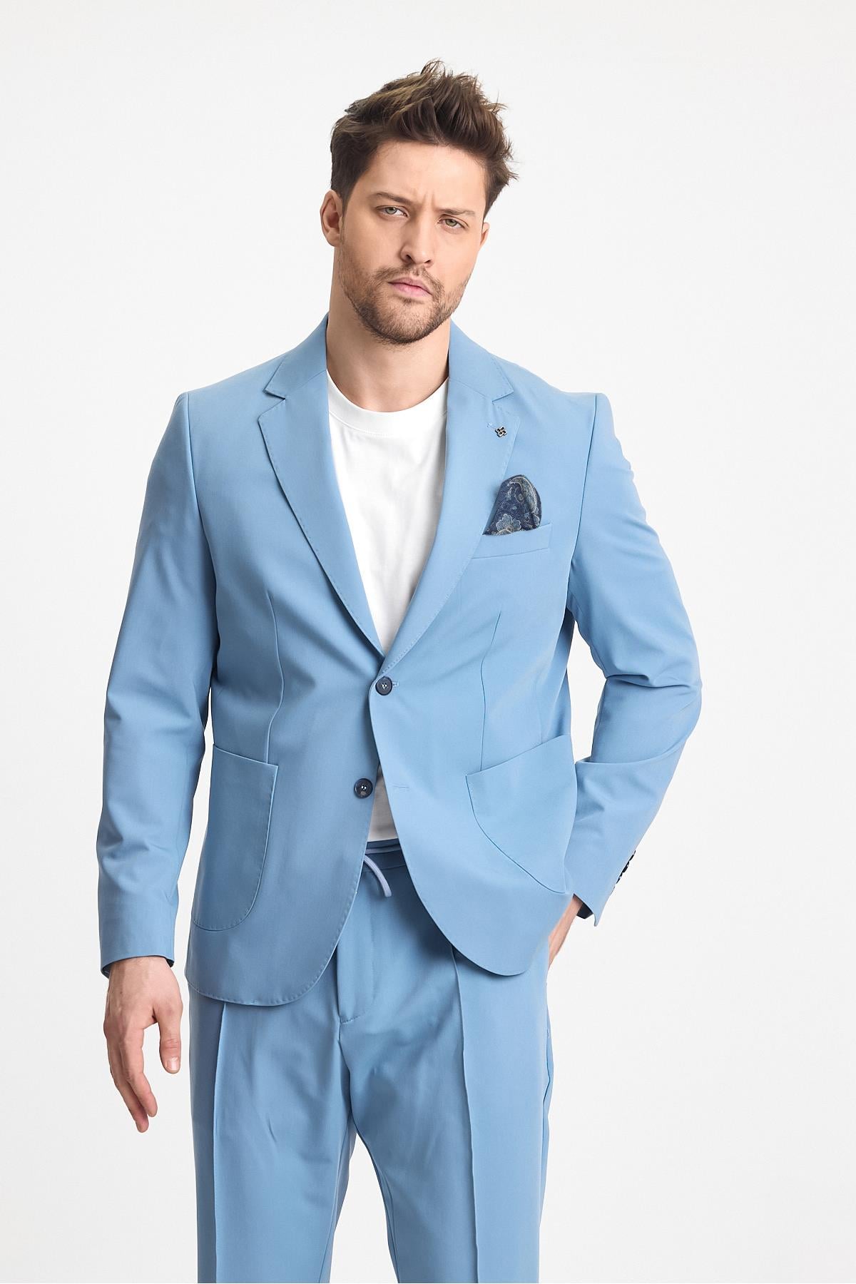 Wilson Erkek Mavi Pamuk Karışımlı  Yazlık Serin Tutan Kumaş  Slim Fit  2'li Takım Elbise
