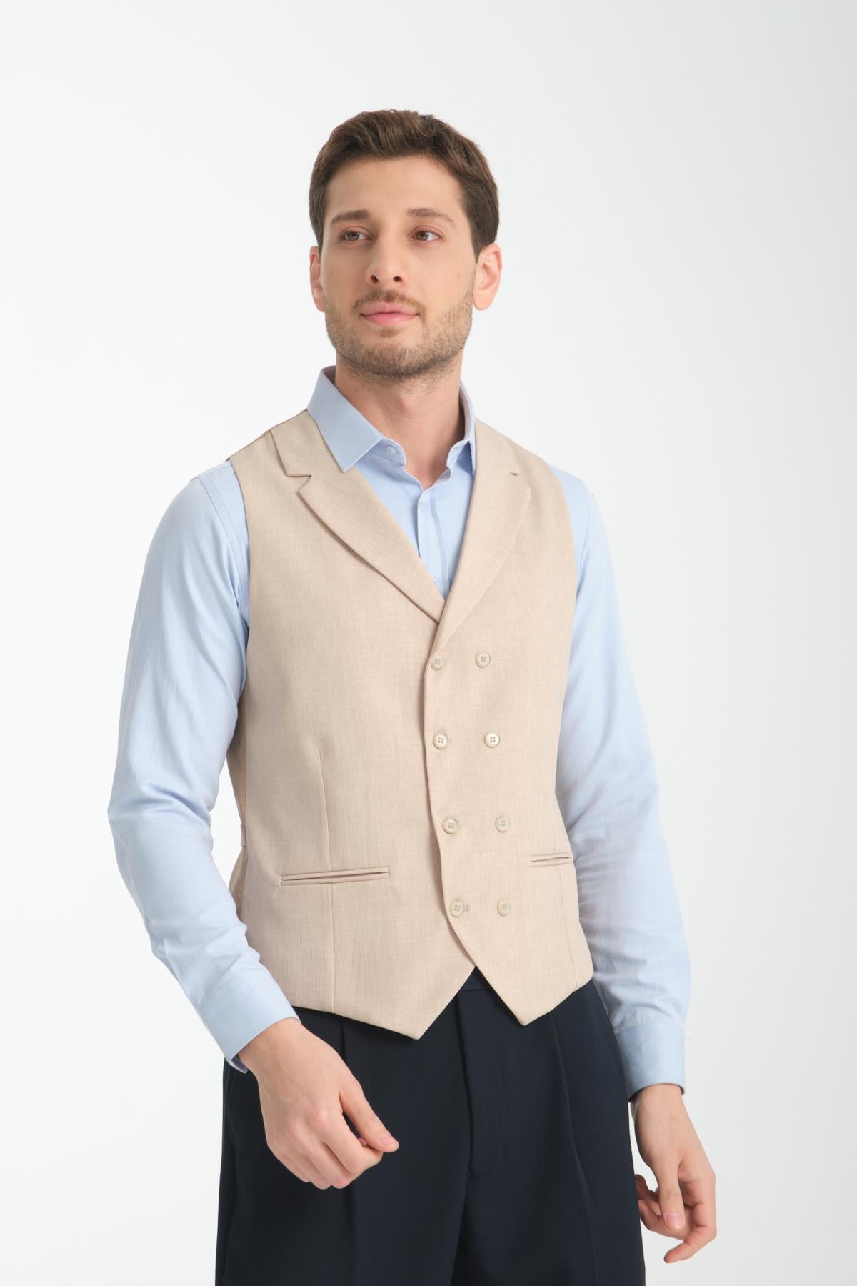 Yakalı Basic Kruvaze V Yaka Slim Fit Yelek