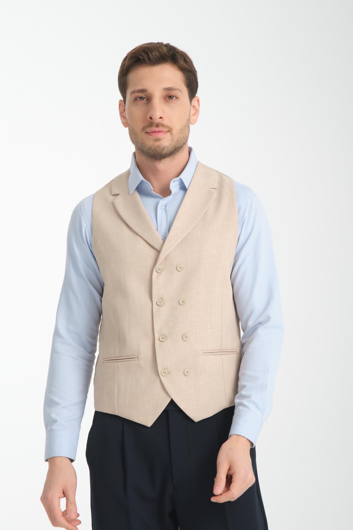 Yakalı Basic Kruvaze V Yaka Slim Fit Yelek
