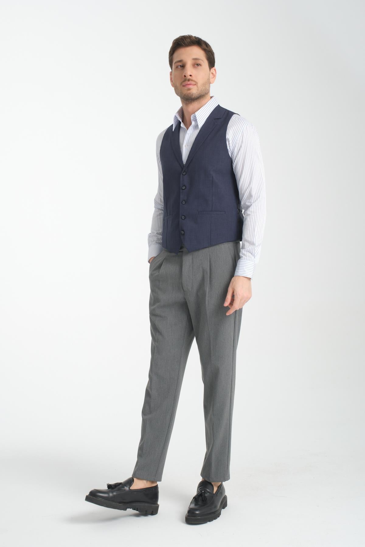 Yakalı Basic V Yaka Slim Fit Yelek