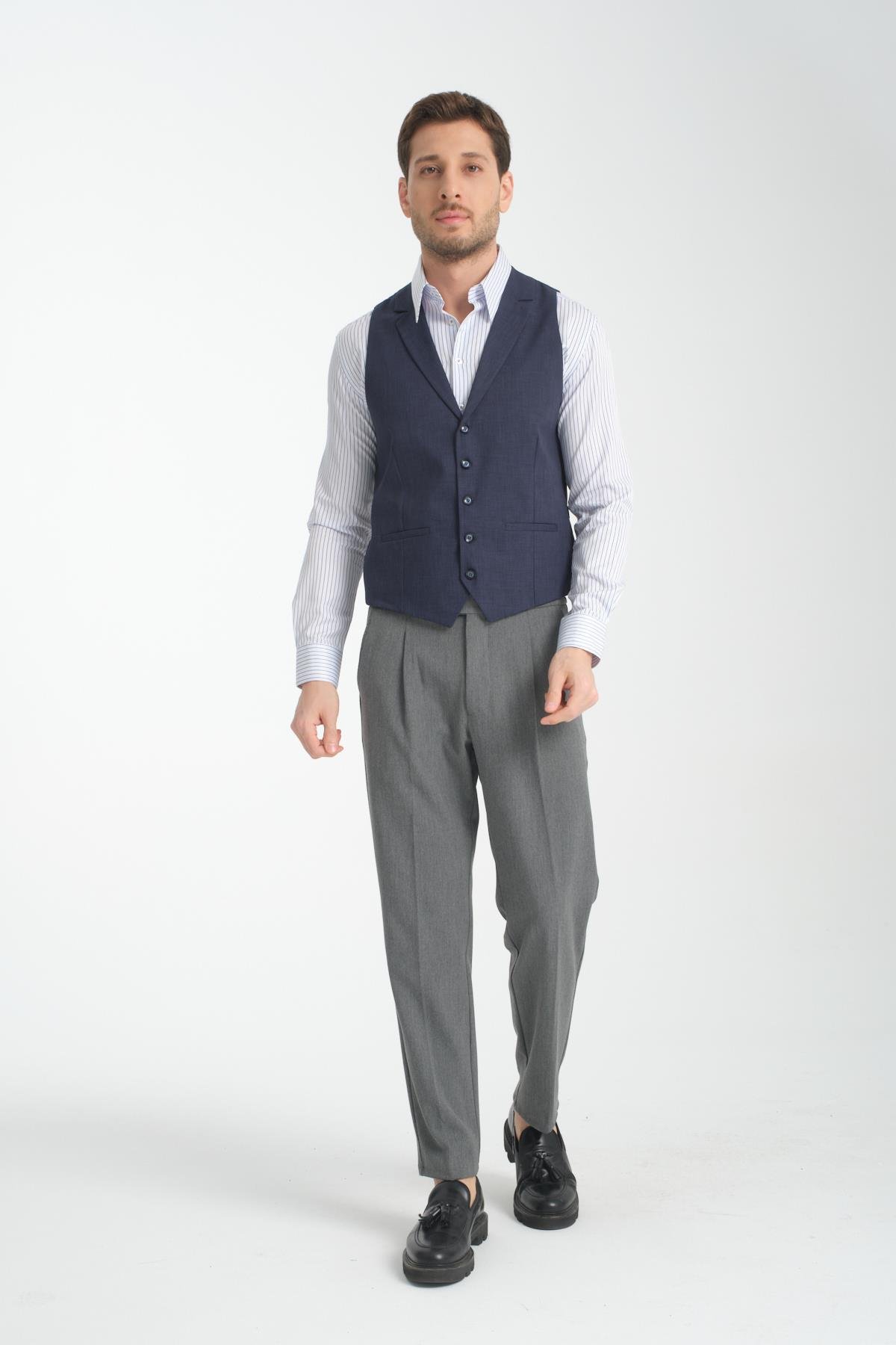 Yakalı Basic V Yaka Slim Fit Yelek