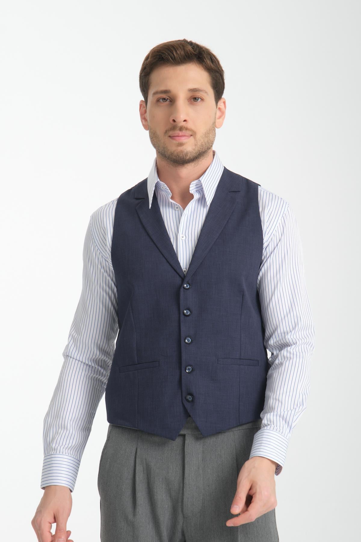 Yakalı Basic V Yaka Slim Fit Yelek