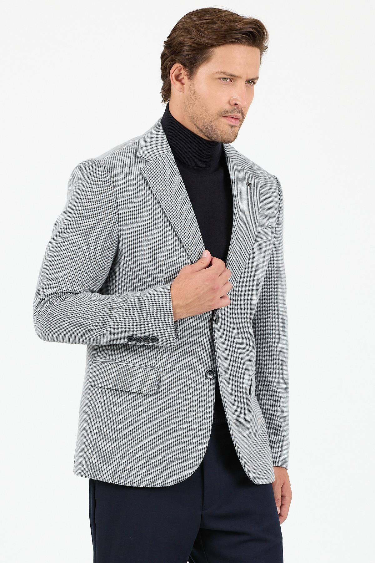 Yumas Erkek Açık Lacivert Esneyen Likralı Pamuk Karışımlı Örme Kumaşlı Spor Blazer Ceket