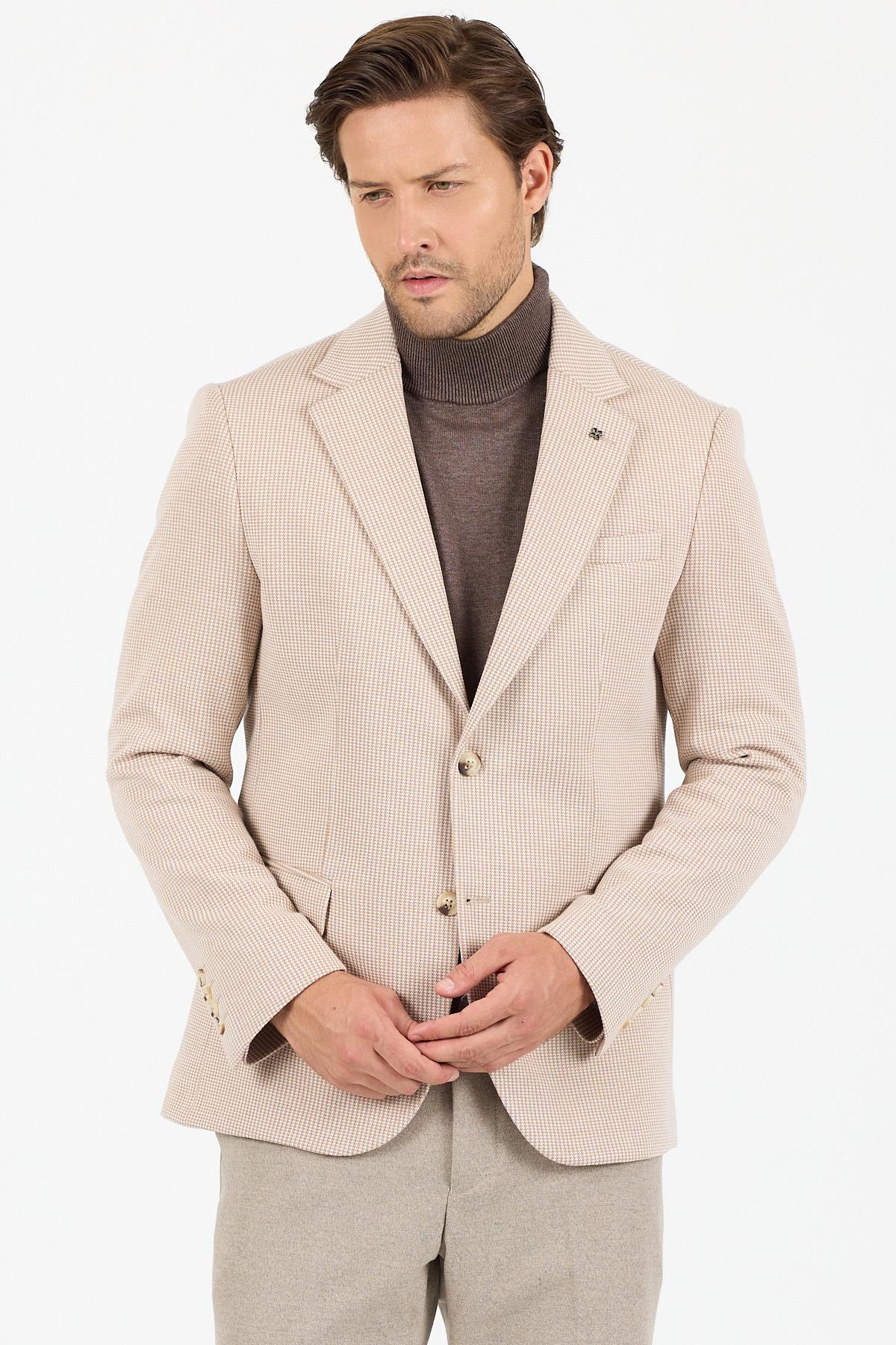 Yumas Erkek Bej Esneyen Likralı Pamuk Karışımlı Örme Kumaşlı Spor Blazer Ceket