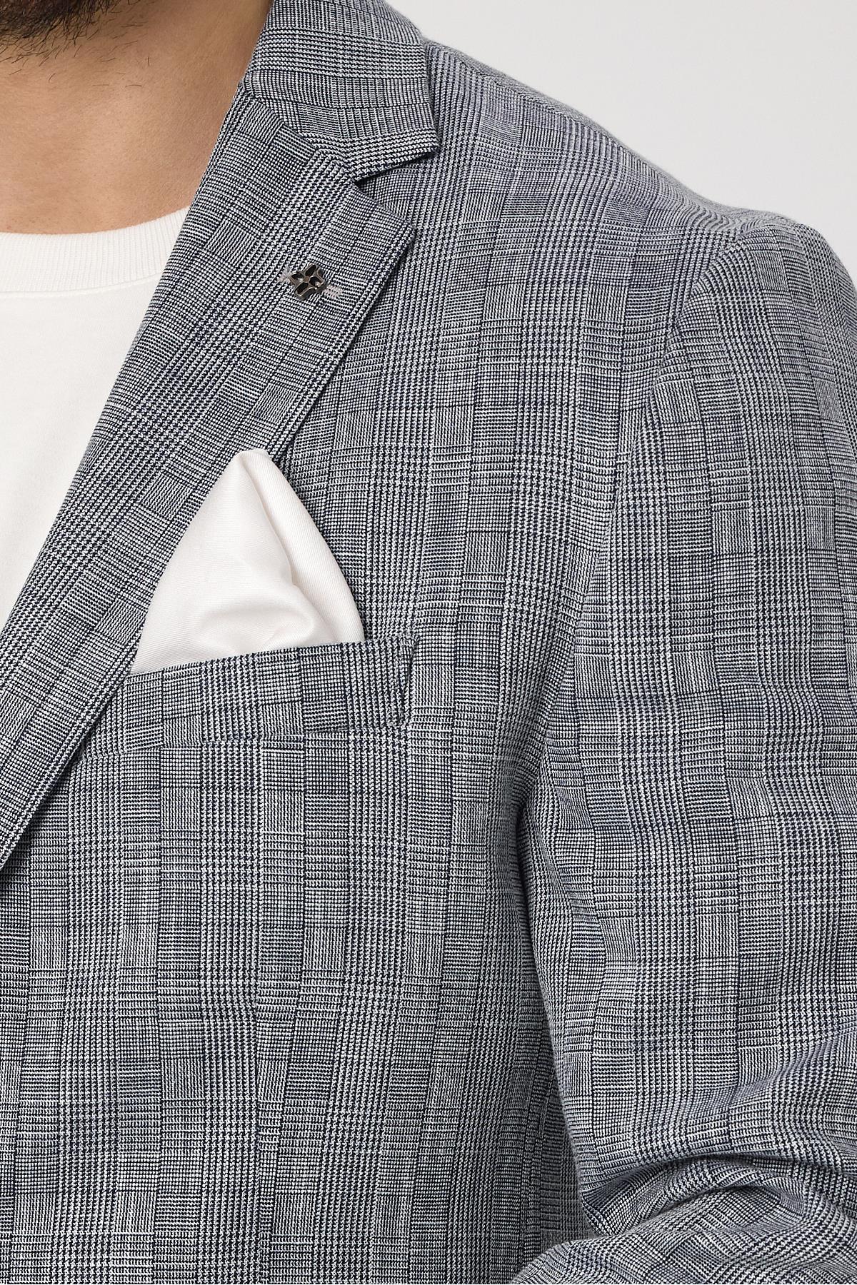Zenos Erkek Lacivert Keten Görnümlü İlkbahar-Yaz Ekose Blazer Ceket