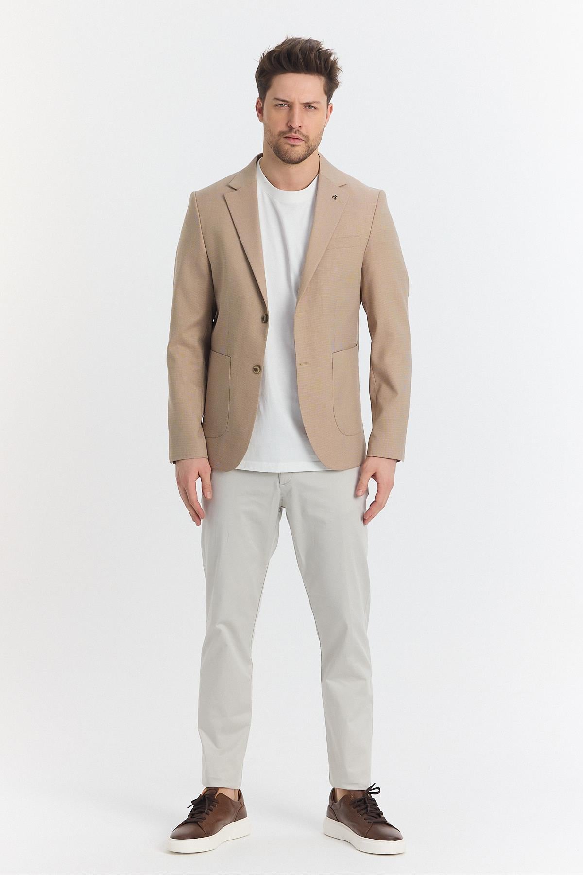 Zenova Erkek Camel Yarım Astarlı Torba Cepli İlkbahar-Yaz Spor Blazer Ceket