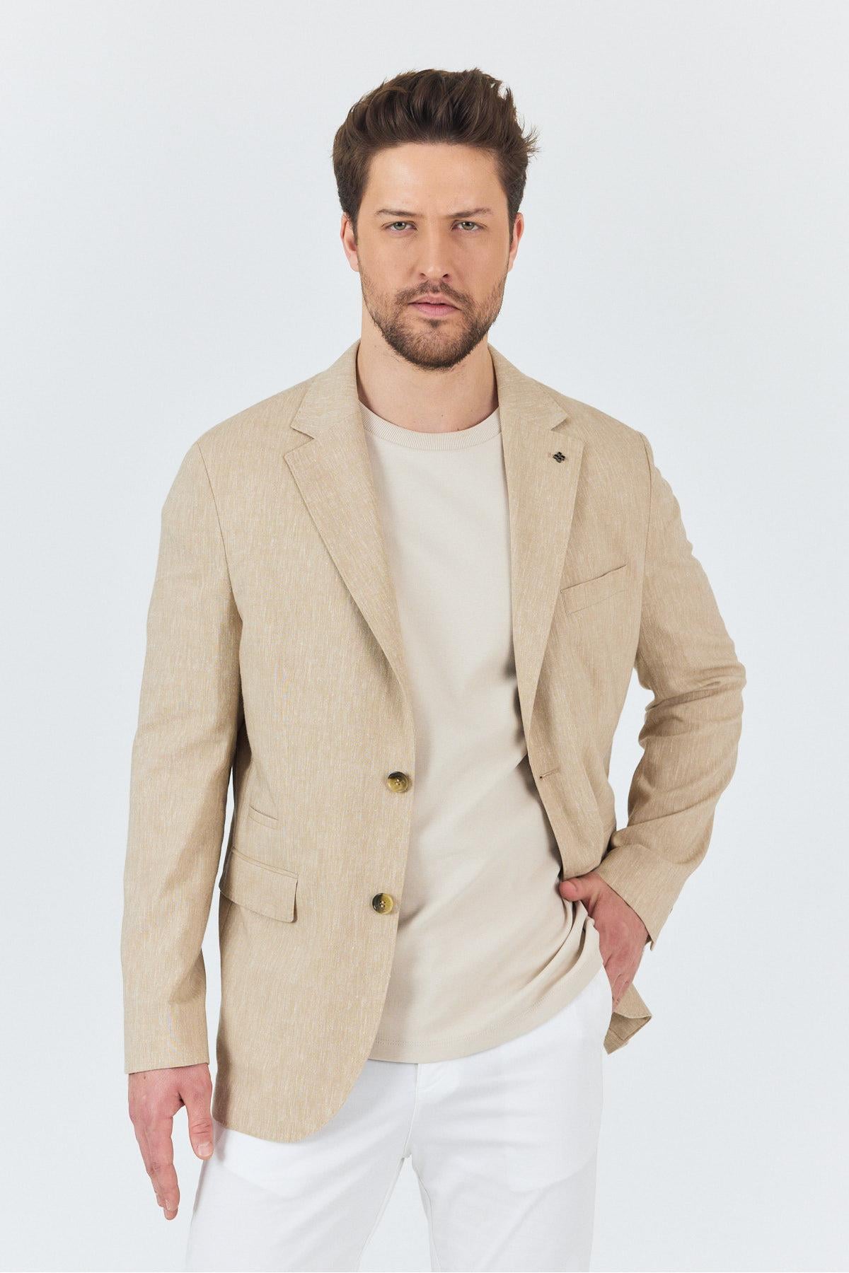 Zevos Erkek Bej Keten Karışımlı Astarsız Spor Blazer Ceket