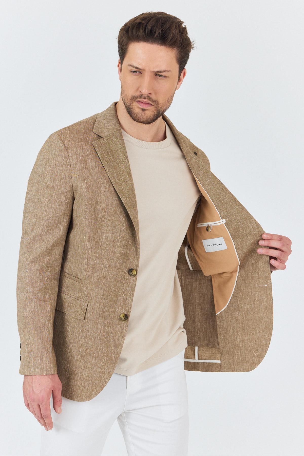 Zevos Erkek Camel Keten Karışımlı Astarsız Spor Blazer Ceket