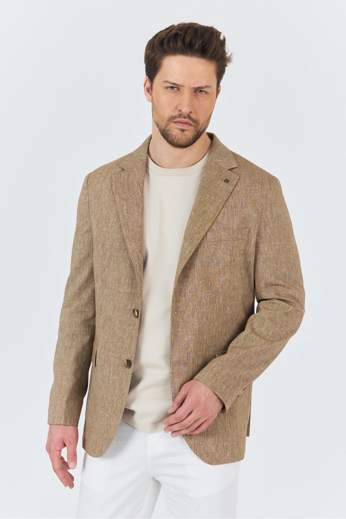 Zevos Erkek Camel Keten Karışımlı Astarsız Spor Blazer Ceket